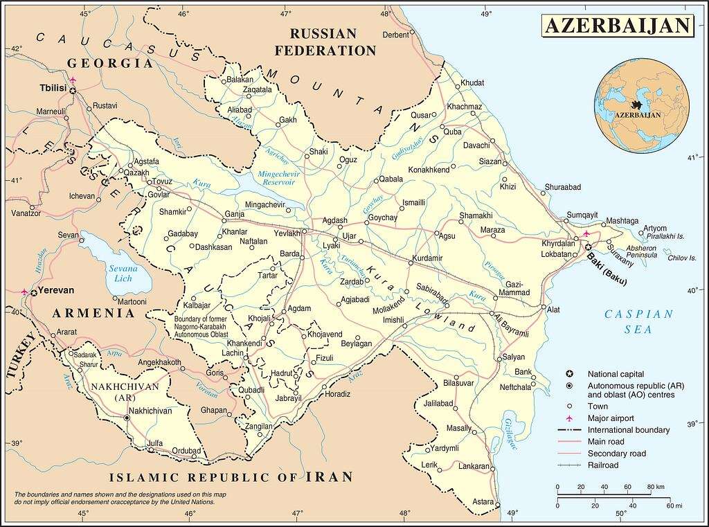 Public domain geographic map of the Republic of Azerbaijan.