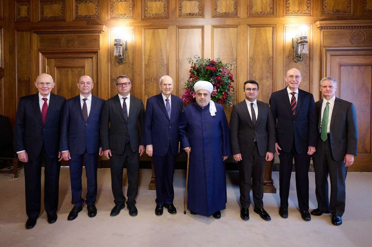 Left to right: President Dallin H. Oaks; Sahib Novruz oglu Nagiyev, deputy chairman for the State Committee on Religious Associations of the Republic of Azerbaijan; Khazar Ibrahim, ambassador of the Republic of Azerbaijan to the United States of America; President Russell M. Nelson; Haji Allahshükür Hummat Pashazade, Sheikh ul-Islam and Grand Mufti of the Caucasus; Ravan Hasanov, executive director of Baku International Multiculturalism Centre; President Henry B. Eyring; and Elder David A. Bednar in Salt Lake City, Utah, on March 2, 2023.