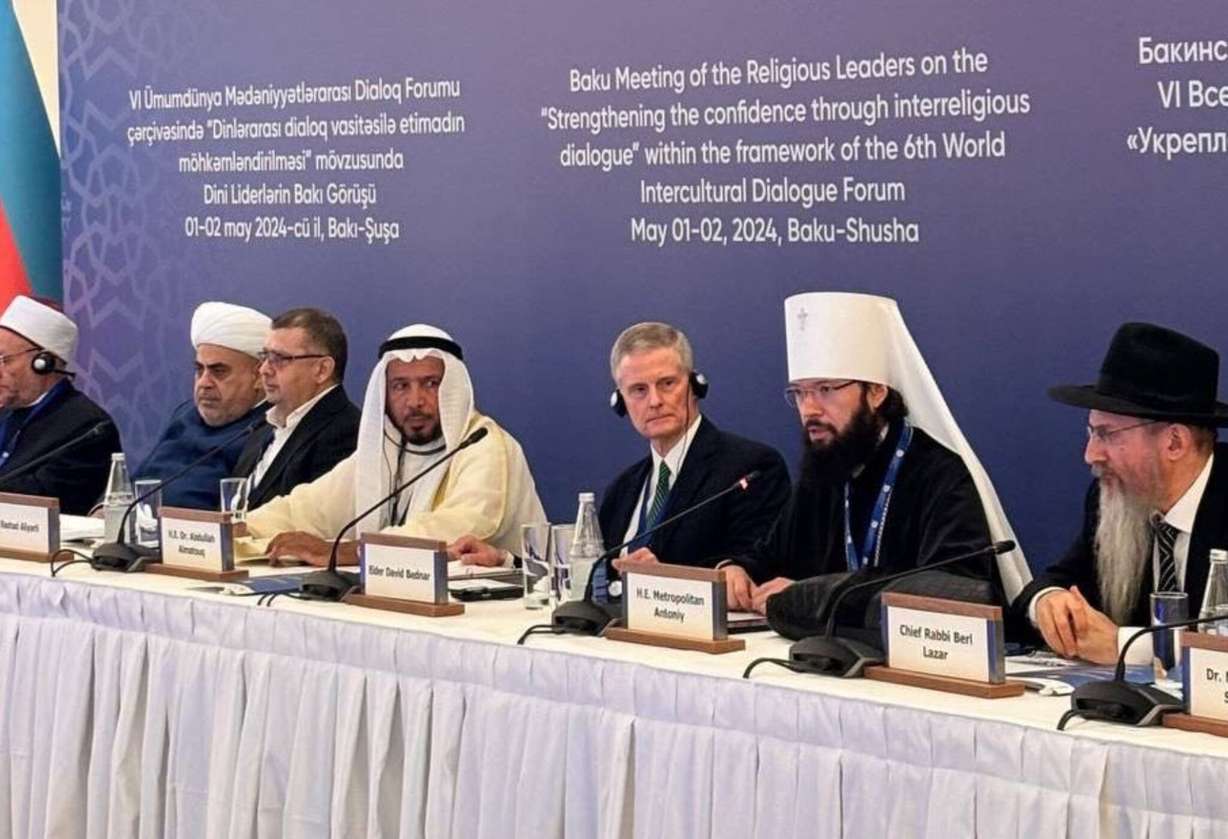 Several religious leaders, including Elder David A. Bednar of the Quorum of the Twelve Apostles, participate in one of the meetings included in the 6th World Intercultural Dialogue Forum held in Baku, Azerbaijan, in May 2024.
