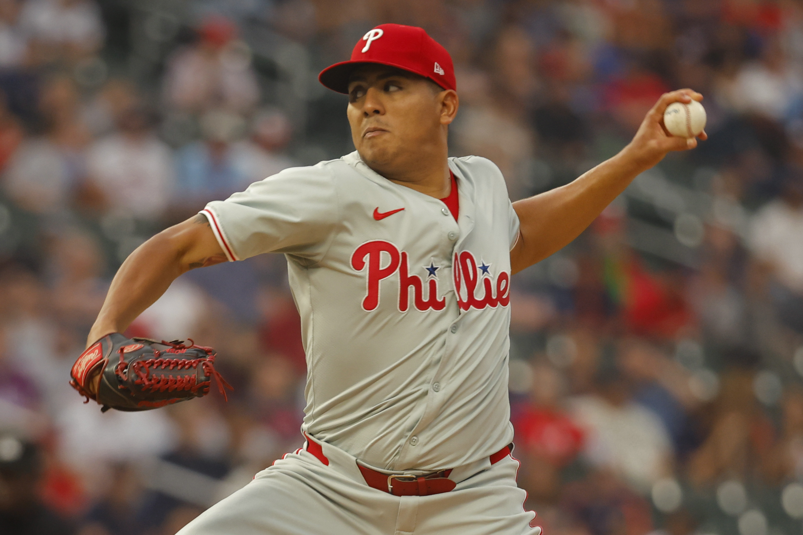 Philadelphia Phillies starting pitcher Ranger Suarez throws to the Minnesota Twins in the first inning of a baseball game Monday, July 22, 2024, in Minneapolis.
