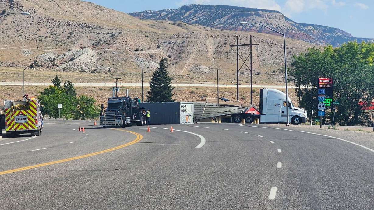 A battery weighing 77,000 pounds was dropped onto Main Street in Richfield Saturday after a semitrailer rolled while turning into a gas station.