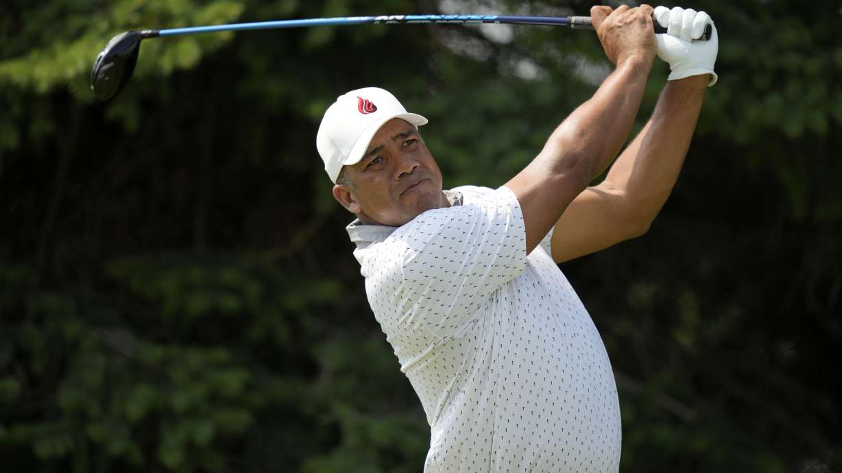 Jhonattan Vegas watches his tee shot on the second hole during the third round of the 3M Open golf tournament at the Tournament Players Club, Saturday, July 27, 2024, in Blaine, Minn.