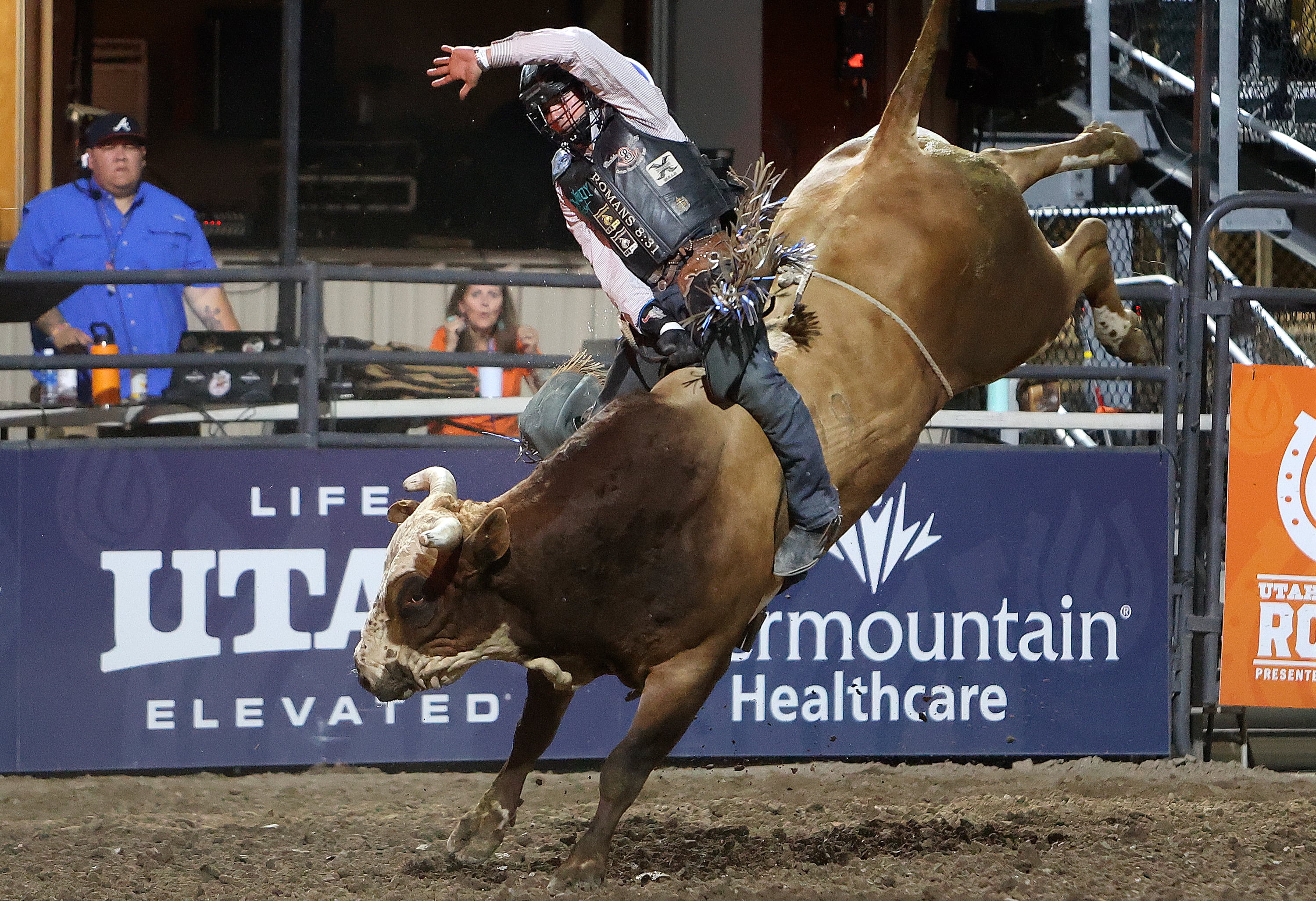 Hayes Weight, from Goshen, competes in bull riding at the Days of ’47 Rodeo at the Utah State Fairpark in Salt Lake City on Monday, July 22. Weight scored 91 points on Sankey Rodeo’s Magic Touch, giving him the high score for the night and advancing him to the gold medal round.