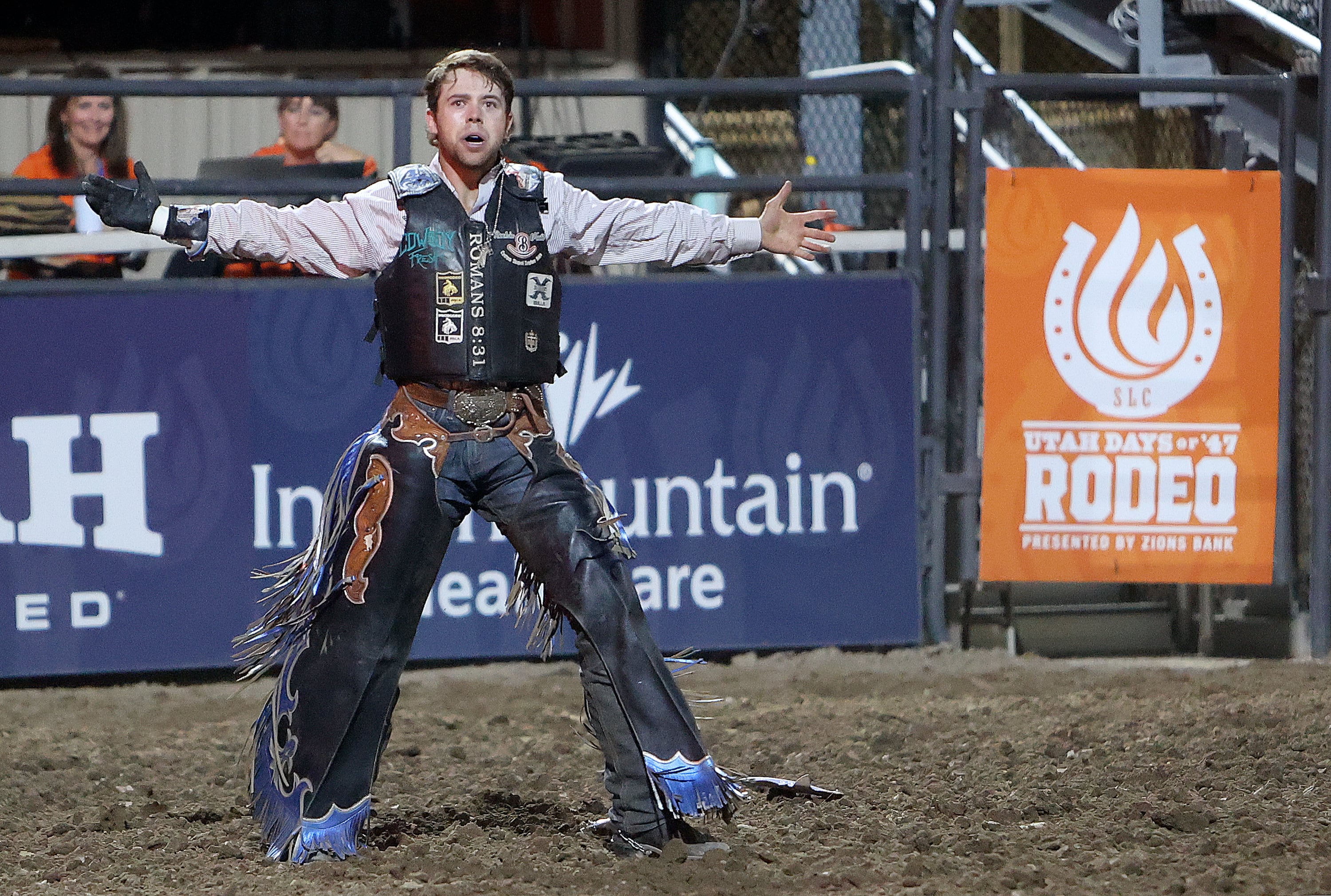 Hayes Weight, from Goshen, reacts after competing in bull riding at the Days of ’47 Rodeo at the Utah State Fairpark in Salt Lake City on Monday. Weight scored 91 points on Sankey Rodeo’s Magic Touch, giving him the high score for the night and advancing him to the gold medal round.