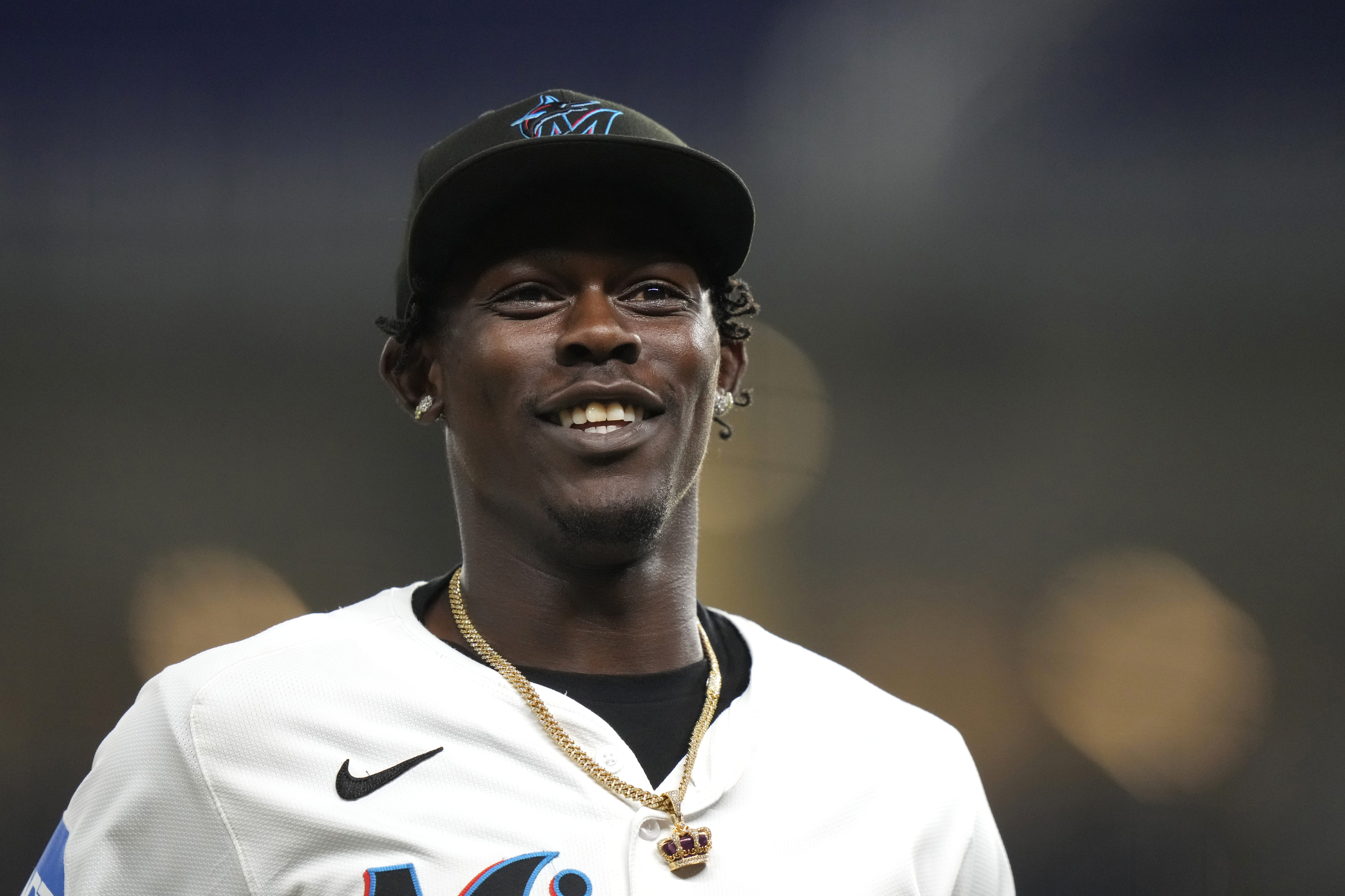 Miami Marlins' Jazz Chisholm Jr. walks from the field to the dugout during the seventh inning of a baseball game against the New York Mets, Monday, July 22, 2024, in Miami. 