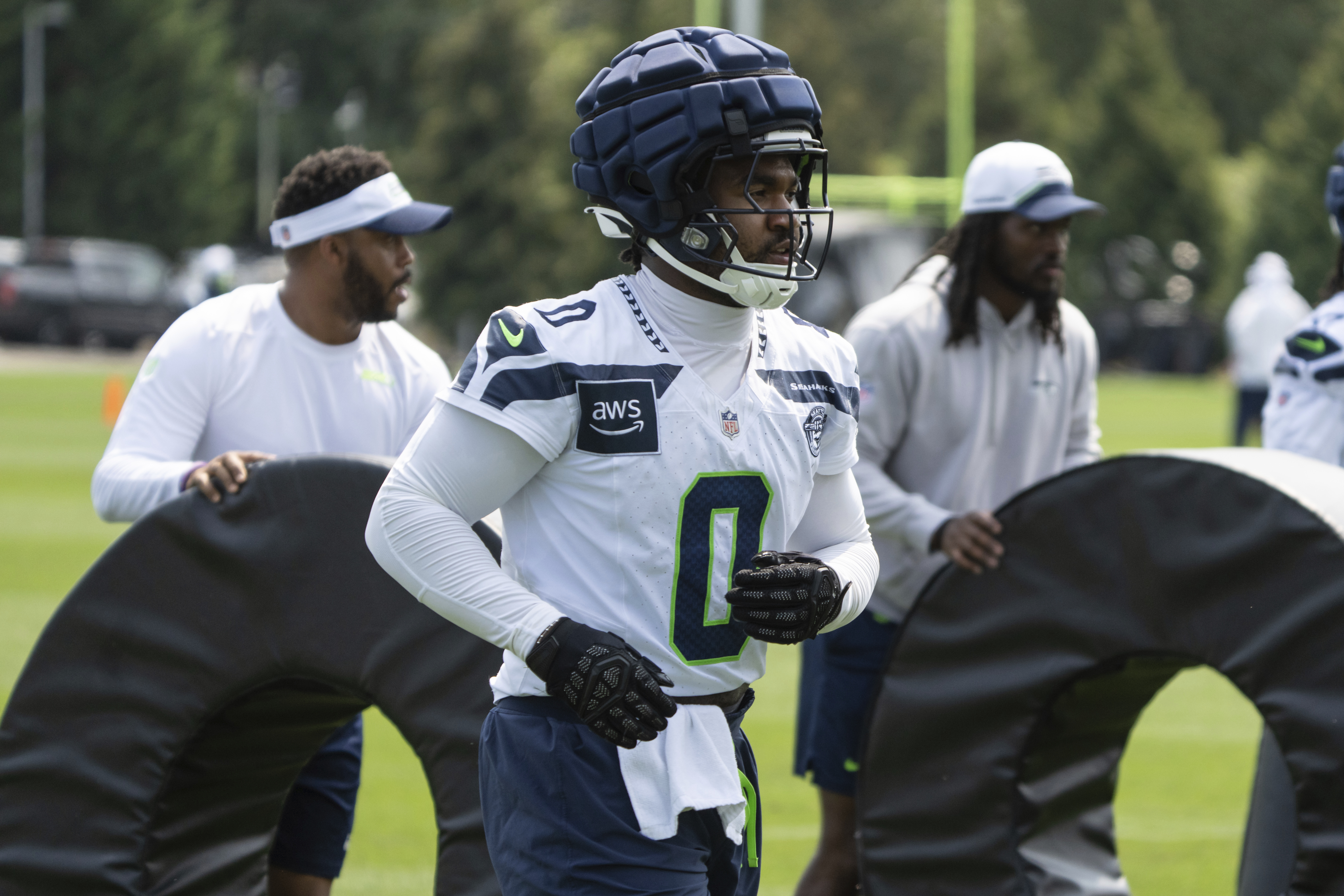 Seattle Seahawks linebacker Tyrel Dodson takes part in drill at NFL football training camp,, Saturday, July 27, 2024, in Renton, Wash. 