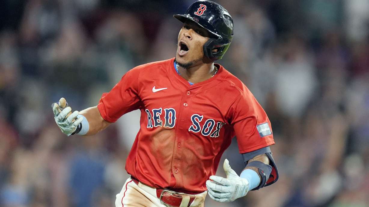 Boston Red Sox's Ceddanne Rafaela reacts after hitting a two-run home run during the seventh inning of a baseball game against the New York Yankees, Friday, July 26, 2024, in Boston.