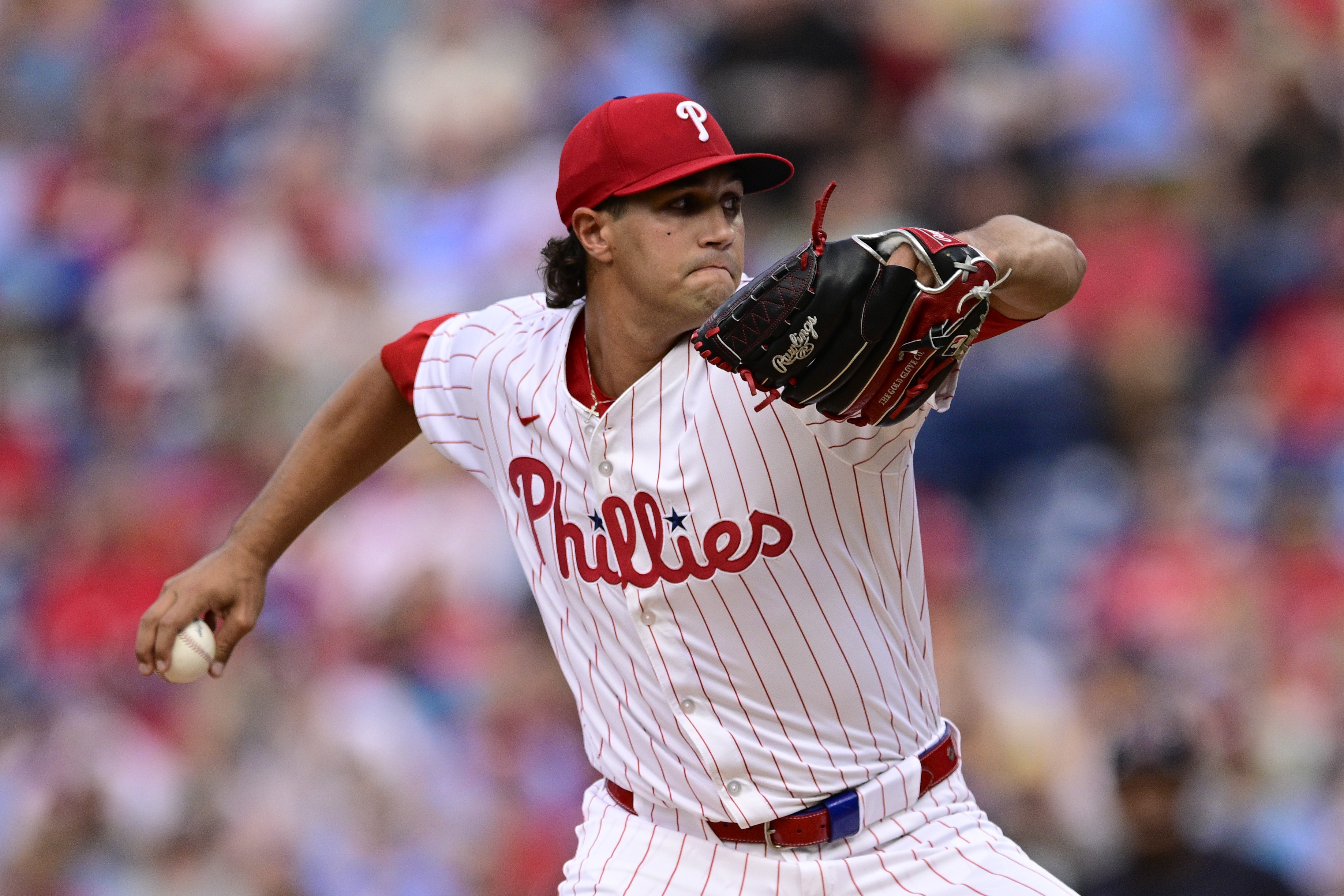 Philadelphia Phillies' Tyler Phillips throws during the first inning of a baseball game against the Cleveland Guardians, Saturday, July 27, 2024, in Philadelphia. 