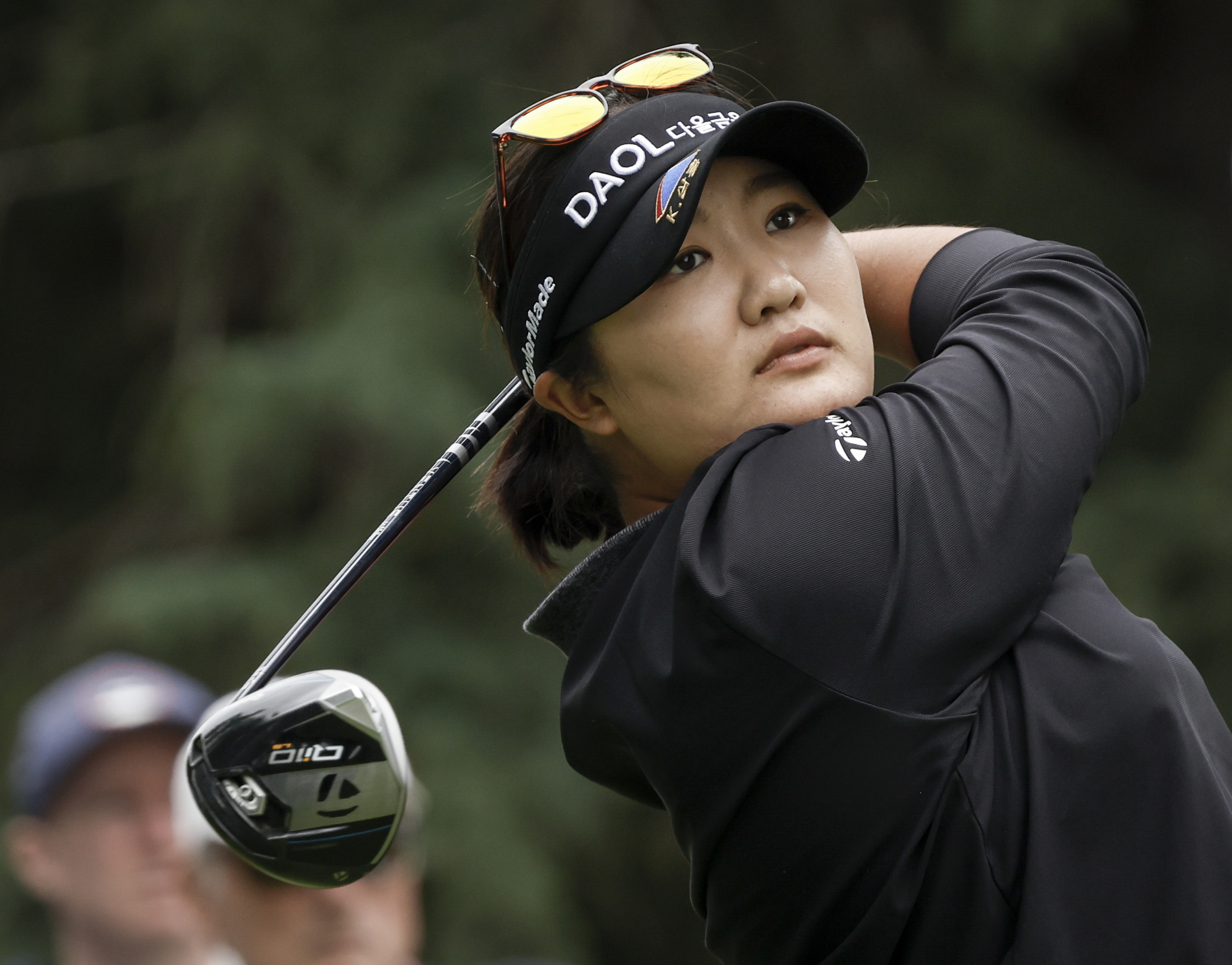 South Korea's Haeran Ryu hits a tee shot on the second hole during the third round of the LPGA Canadian Women's Open golf tournament in Calgary, Alberta, Saturday, July 27, 2024. 