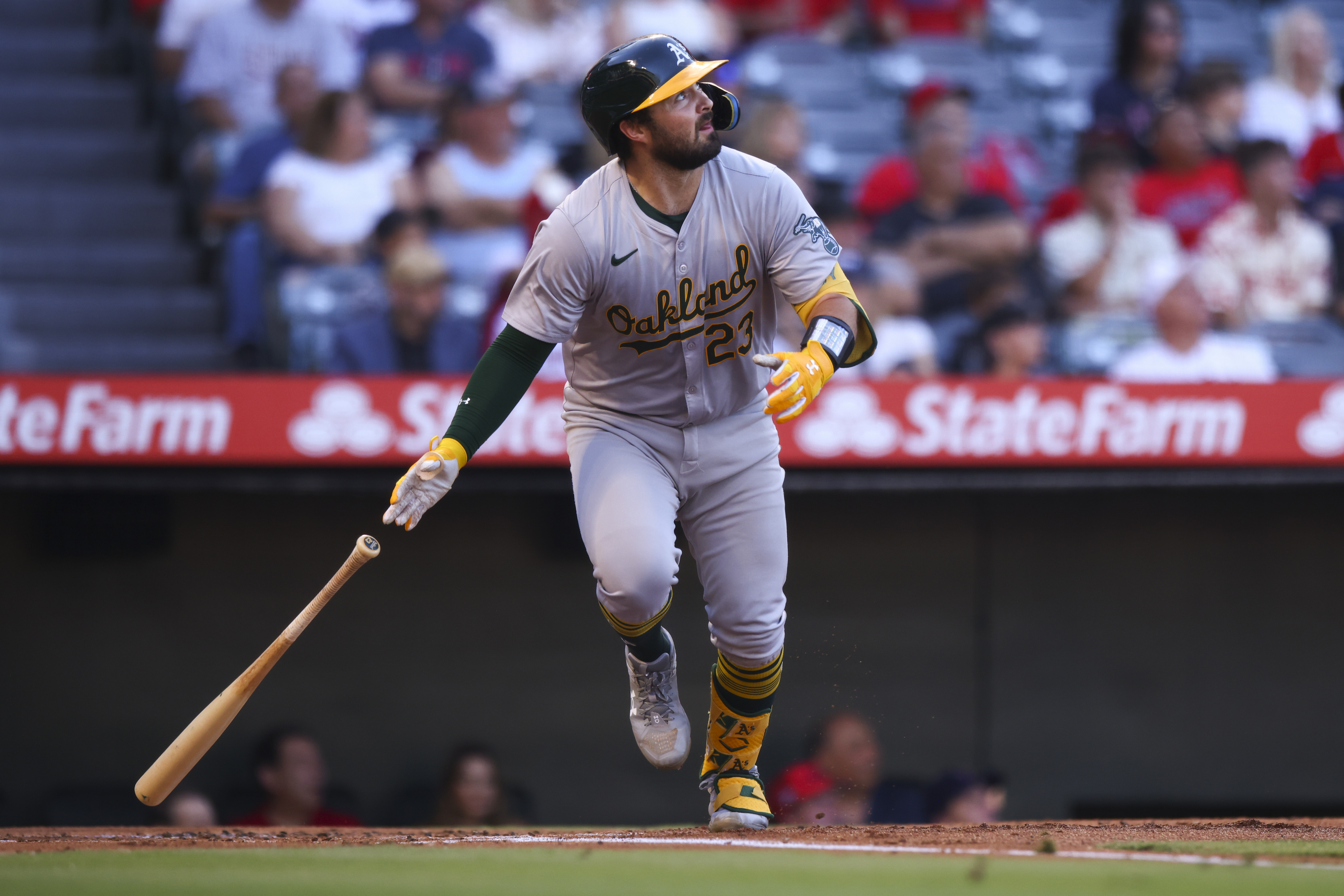 Oakland Athletics' Shea Langeliers drops his bat after hitting a home run during the first inning of a baseball game against the Los Angeles Angels in Anaheim, Calif., Saturday, July 27, 2024. 