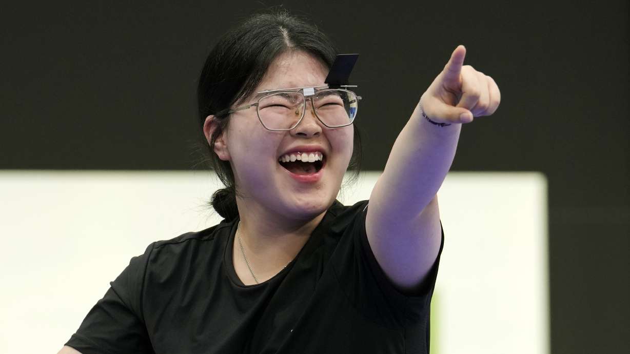 South Korea's Oh Ye-Jin celebrates after winning the gold medal in the 10m air pistol women's final round at the 2024 Summer Olympics, Sunday, July 28, 2024, in Chateauroux, France.
