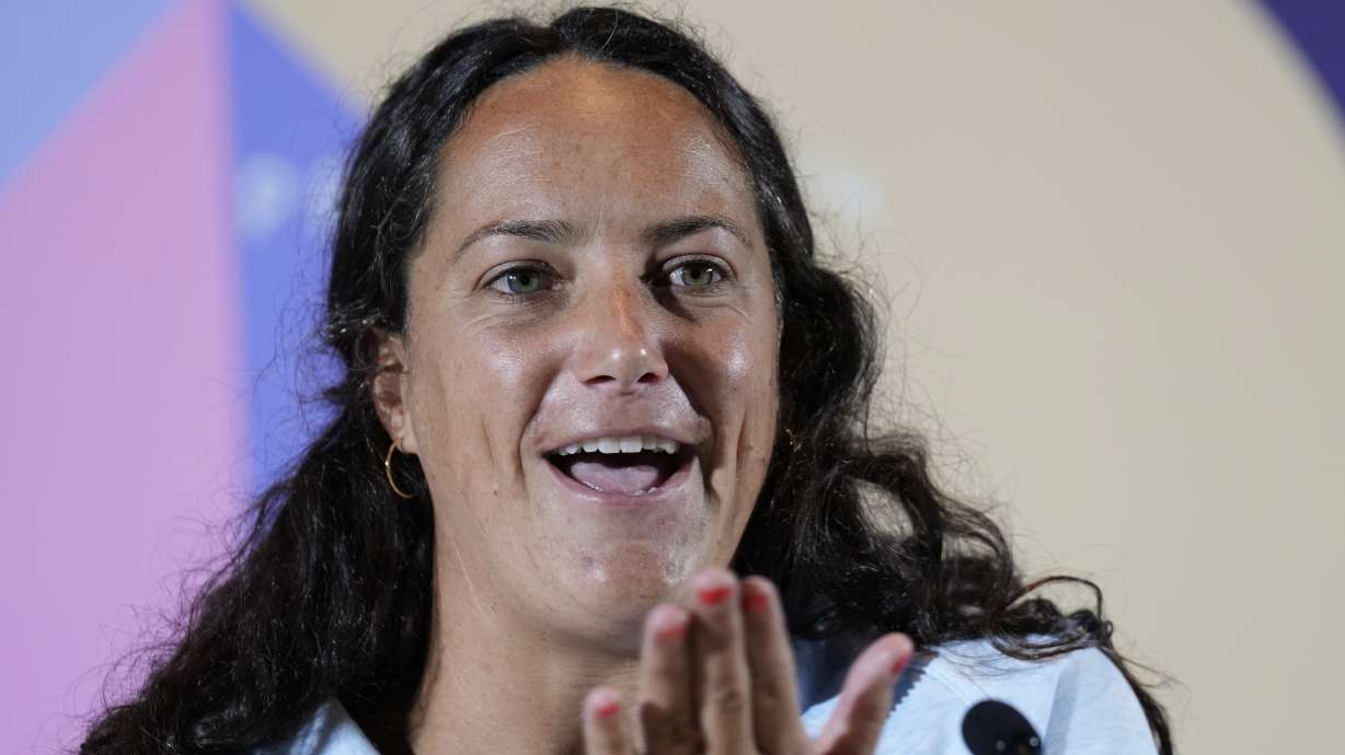 United States' Maggie Steffens answers to reporters during a news conference of the women's United States team ahead the 2024 Summer Olympics, Wednesday, July 24, 2024, in Paris, France.
