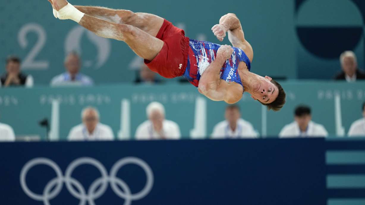 Brody Malone, of United States, competes on the floor exericse during a men's artistic gymnastics qualification round at the 2024 Summer Olympics, Saturday, July 27, 2024, in Paris, France.