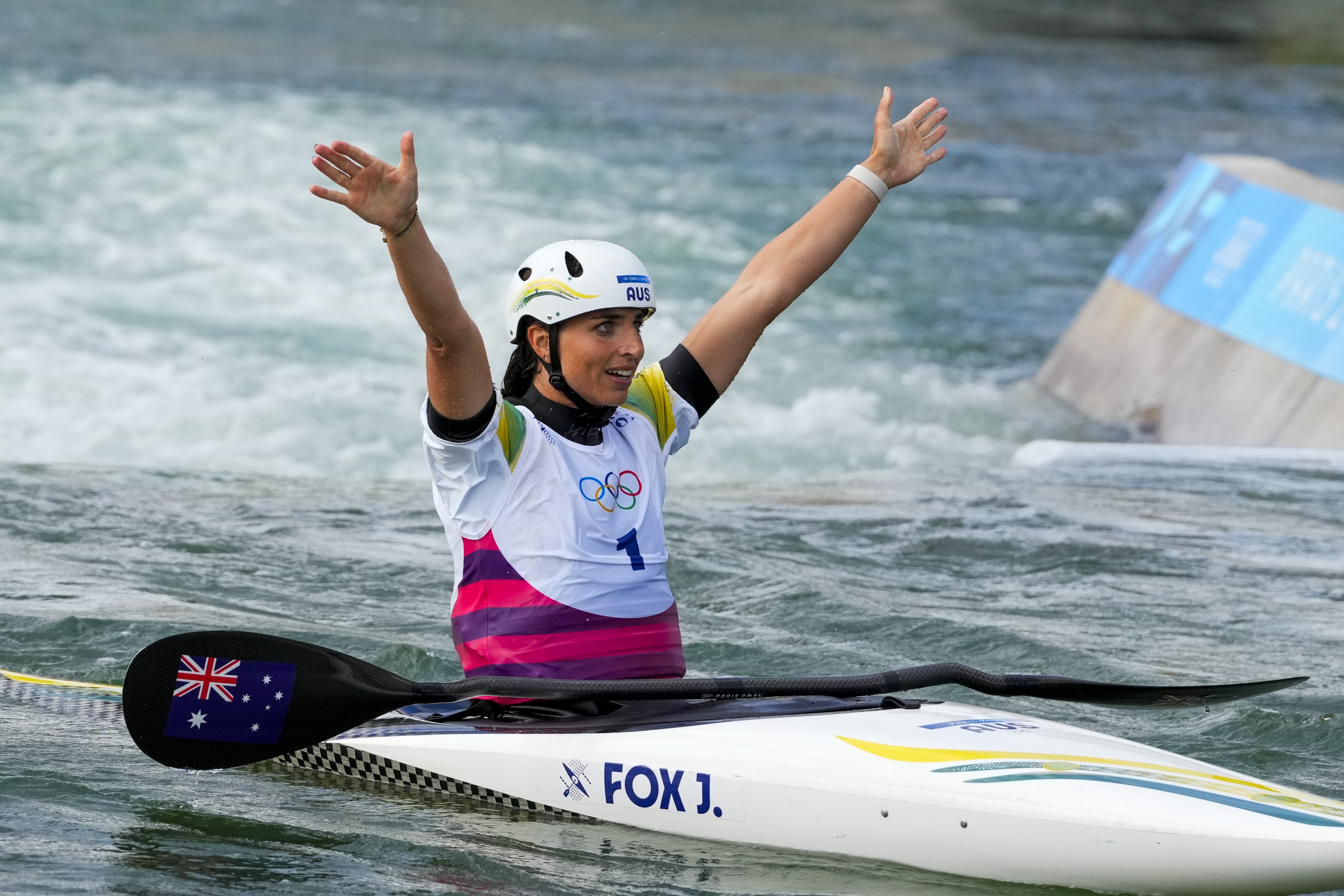 Jessica Fox of Australia reacts at finish of the women's kayak single finals during the canoe slalom at the 2024 Summer Olympics, Sunday, July 28, 2024, in Vaires-sur-Marne, France. 