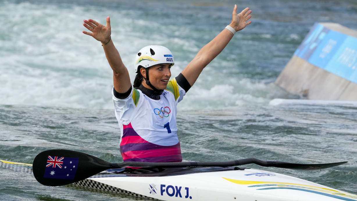 Jessica Fox of Australia reacts at finish of the women's kayak single finals during the canoe slalom at the 2024 Summer Olympics, Sunday, July 28, 2024, in Vaires-sur-Marne, France.