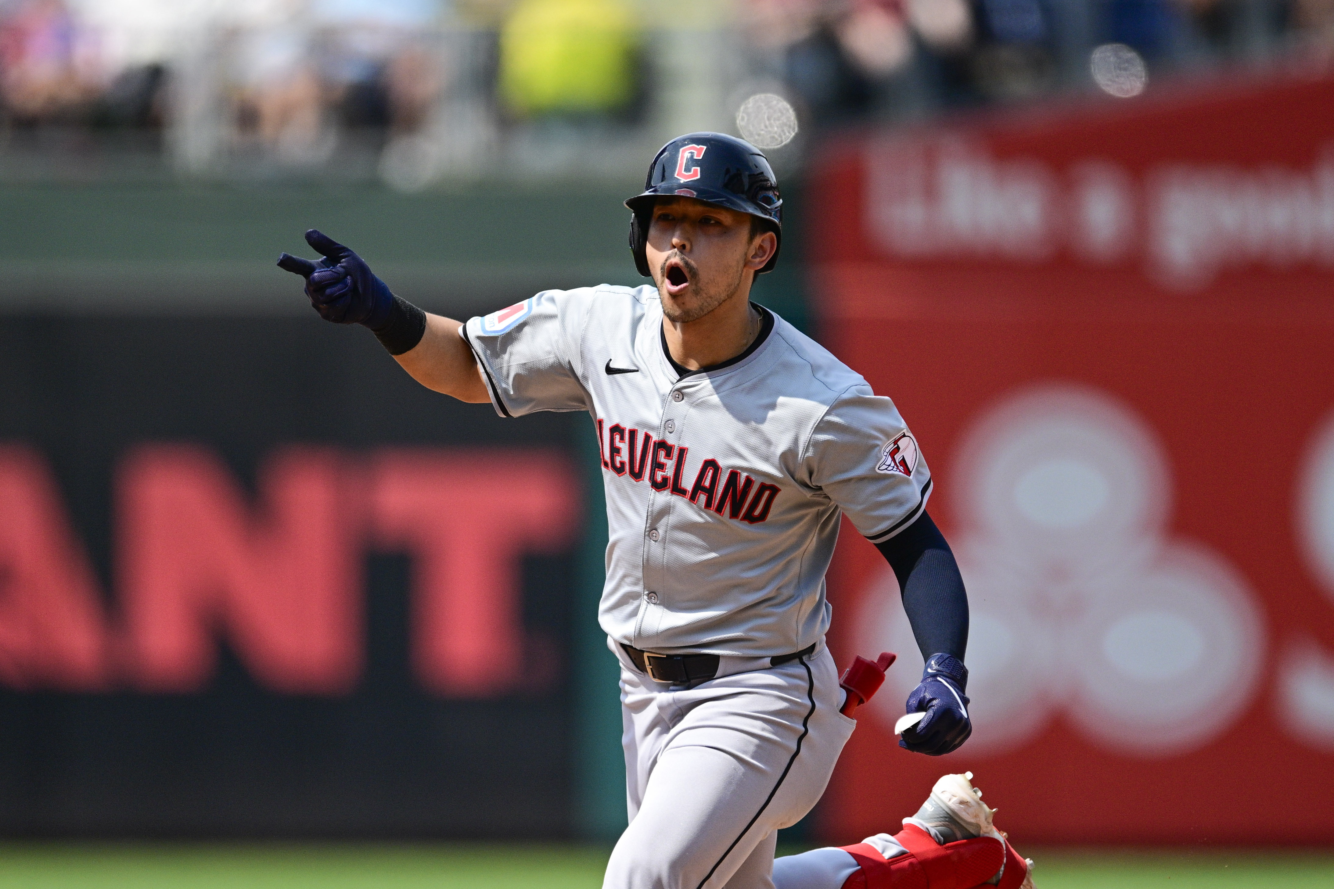Cleveland Guardians' Steven Kwan celebrates after hitting a solo home run off Philadelphia Phillies' José Alvarado during the seventh inning of a baseball game, Sunday, July 28, 2024, in Philadelphia. 