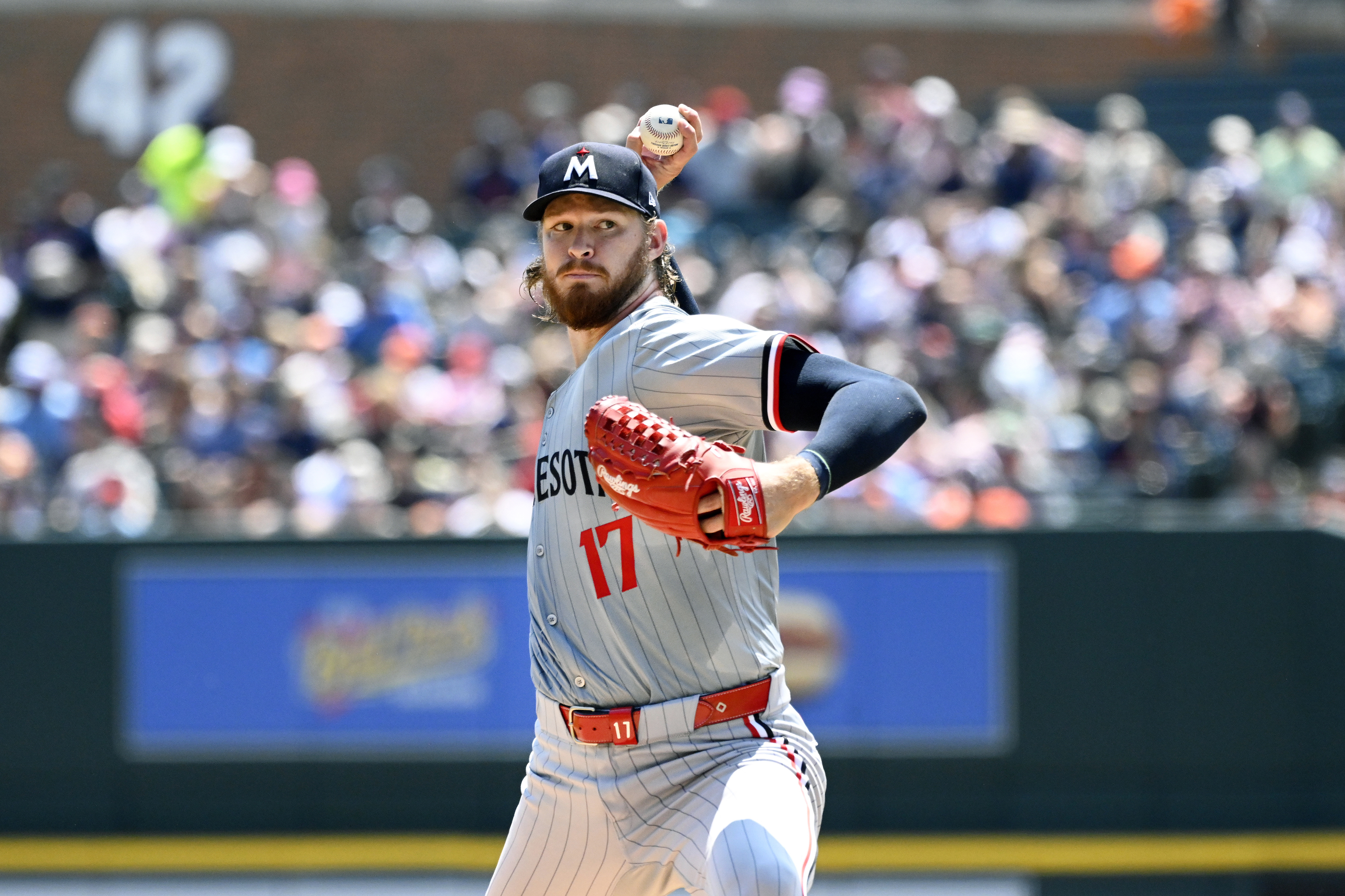 Minnesota Twins starting pitcher Bailey Ober throws against the Detroit Tigers during the first inning of a baseball game, Sunday, July 28, 2024, in Detroit. 