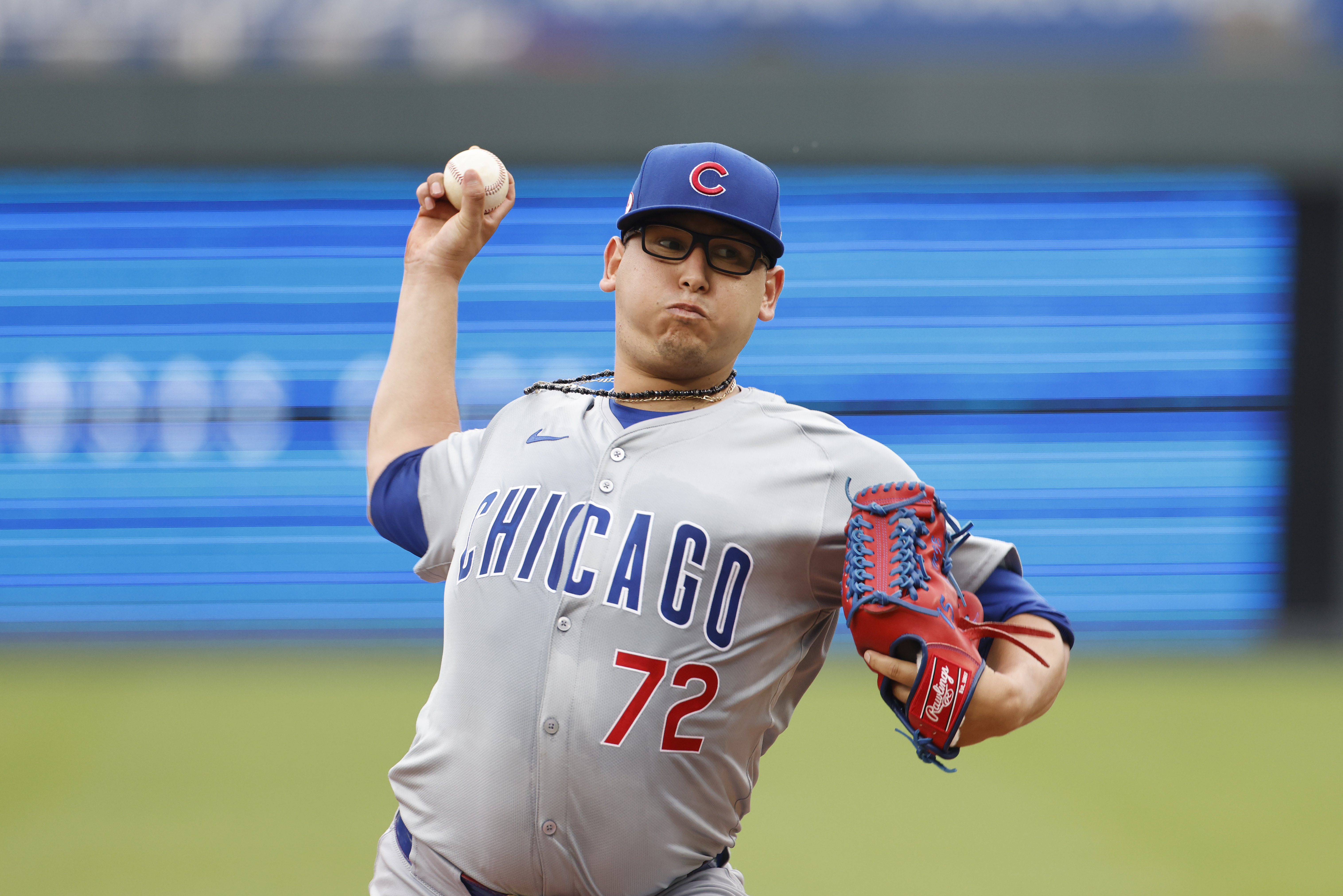 Chicago Cubs pitcher Javier Assad delivers from the mound during the first inning of a baseball game against the Kansas City Royals in Kansas City, Mo., Sunday, July 28, 2024.