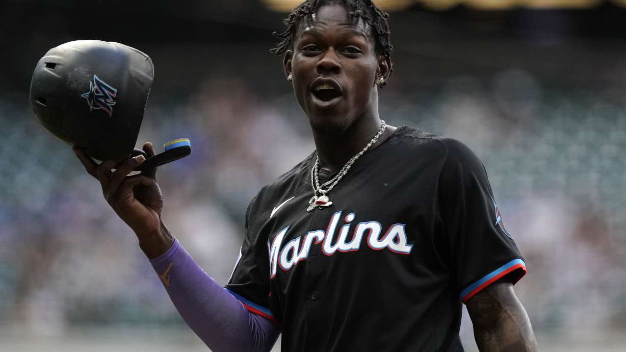 Miami Marlins' Jazz Chisholm Jr. reacts during the second inning of a baseball game against the Milwaukee Brewers, Friday, July 26, 2024, in Milwaukee.