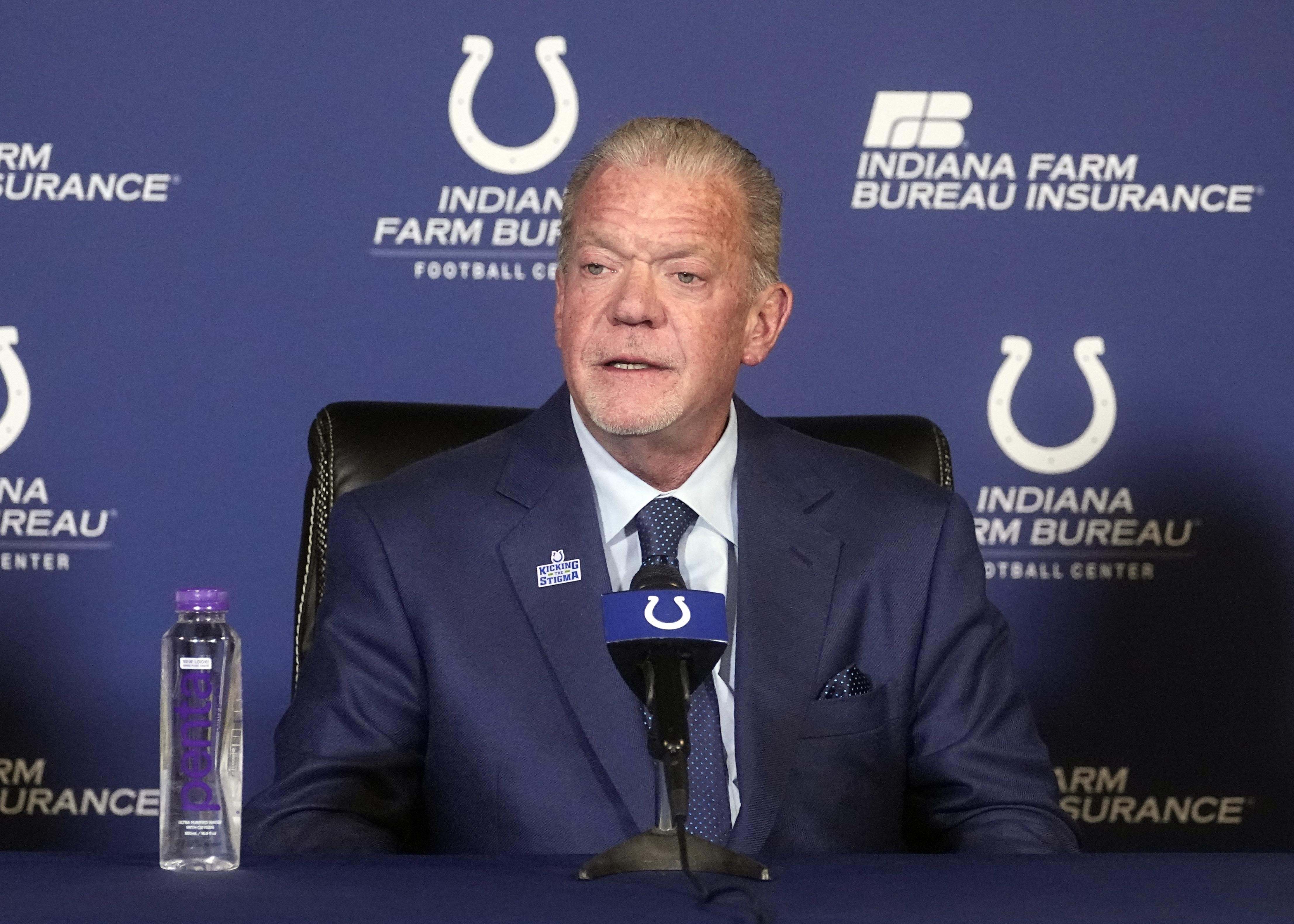 FILE - Indianapolis Colts owner Jim Irsay speaks during a news conference at the NFL football team's practice facility Nov. 7, 2022, in Indianapolis. Irsay made his first training camp trip Sunday, July 28, 2024, marking his first sideline appearance since falling at his home last fall.