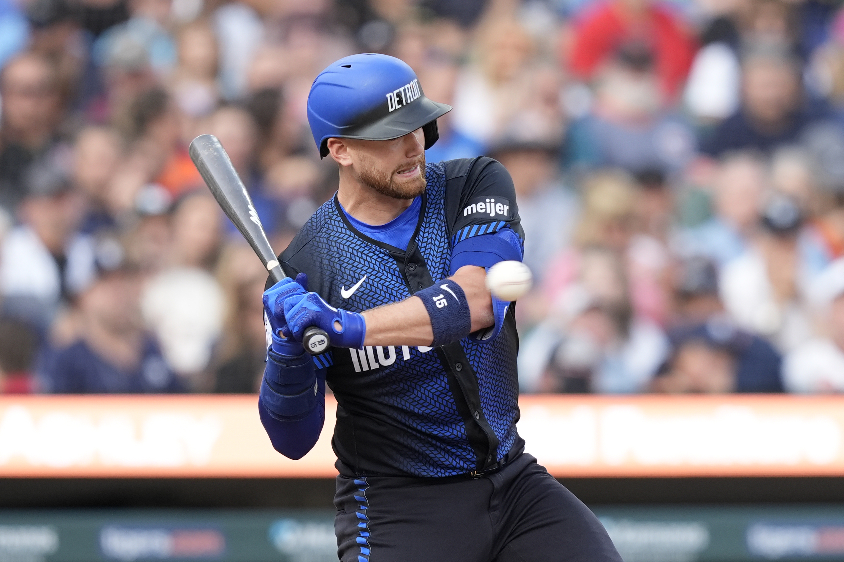 Detroit Tigers' Carson Kelly is hit by a pitch during the third inning of a baseball game against the Minnesota Twins, Friday, July 26, 2024, in Detroit. 