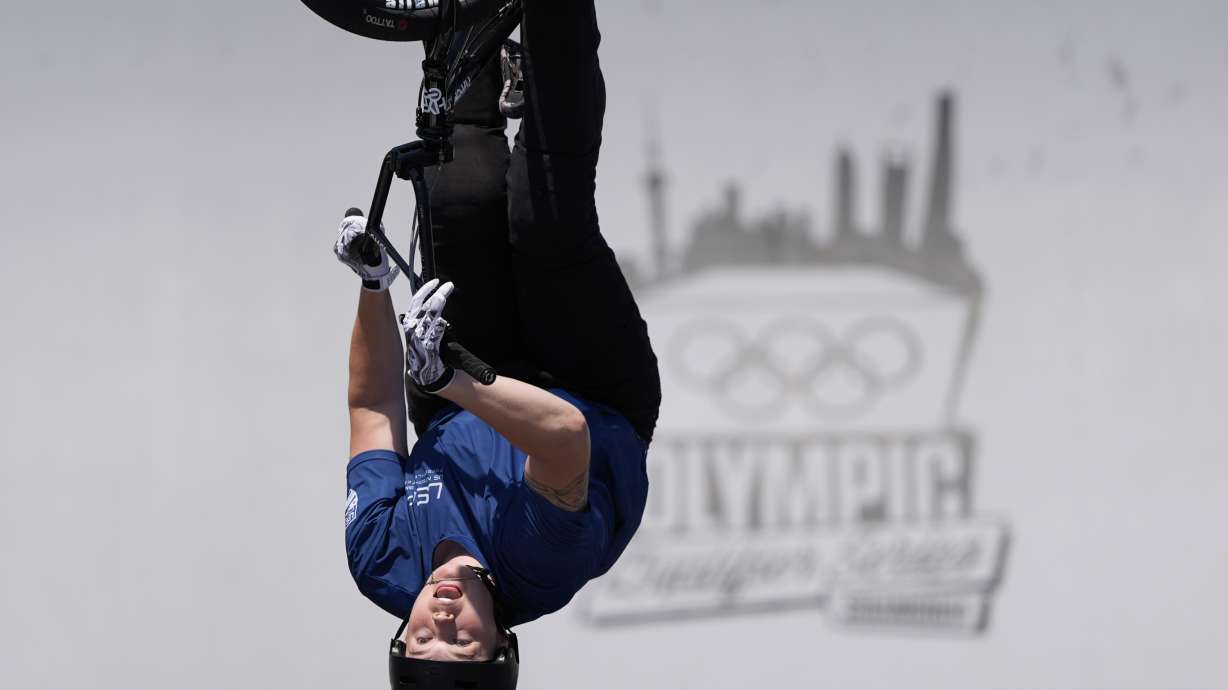FILE - United States' Hannah Roberts competes in the Cycling BMX Freestyle Women's Park Final for the 2024 Olympic Qualifier Series held in Shanghai, May 18, 2024. Turns out Olympians and Paralympians are just like us: They watch the Summer Games or Winter Games on TV and think about which sports they would love to try. The difference, of course, is that the folks heading to Paris in July and August, already have a sport — and already are quite good at it.