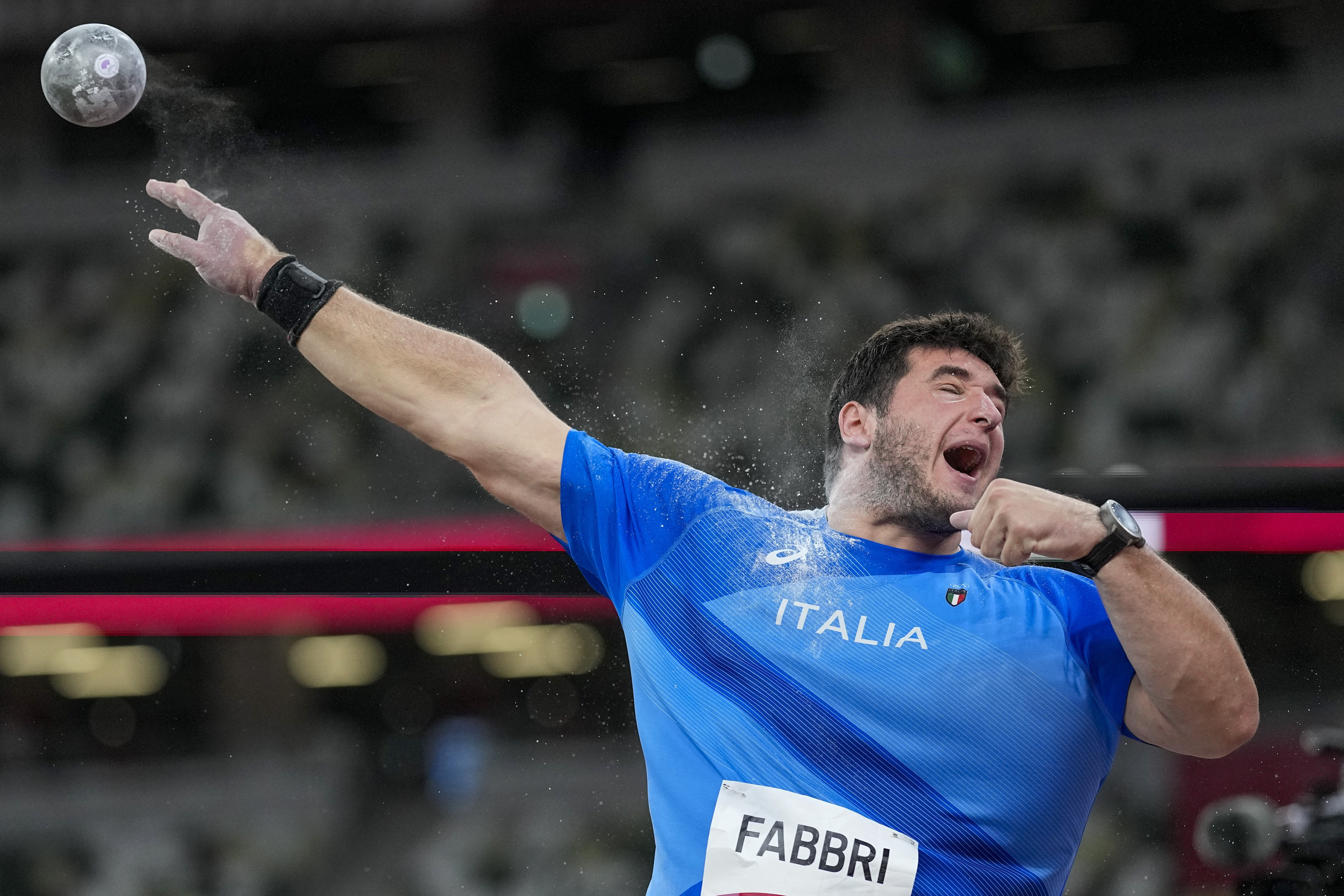 FILE - Leonardo Fabbri, of Italy, competes in qualifications for the men's shot put at the 2020 Summer Olympics, Tuesday, Aug. 3, 2021, in Tokyo. 