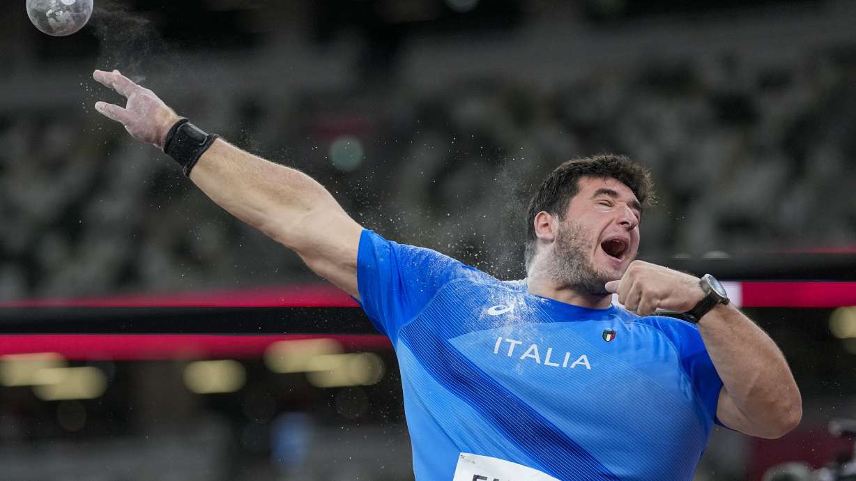 FILE - Leonardo Fabbri, of Italy, competes in qualifications for the men's shot put at the 2020 Summer Olympics, Tuesday, Aug. 3, 2021, in Tokyo.