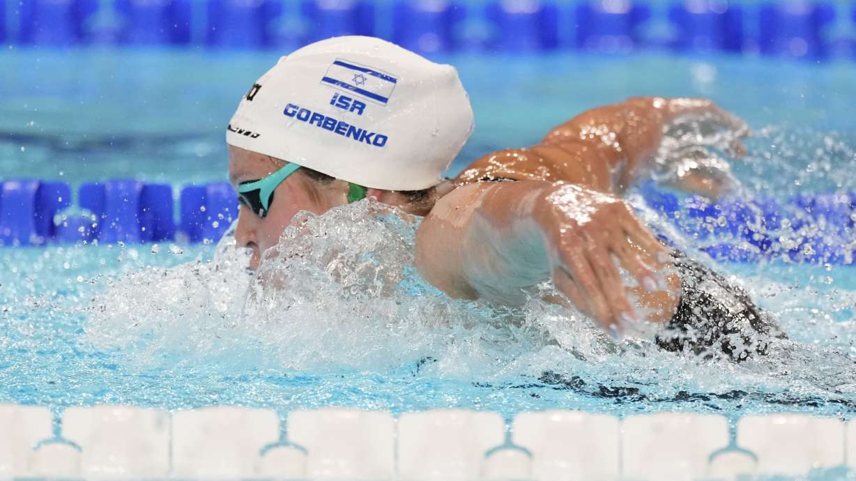 Anastasia Gorbenko, of Israel, competes during a heat in the women's 400-meter individual medley at the 2024 Summer Olympics, Monday, July 29, 2024, in Nanterre, France.