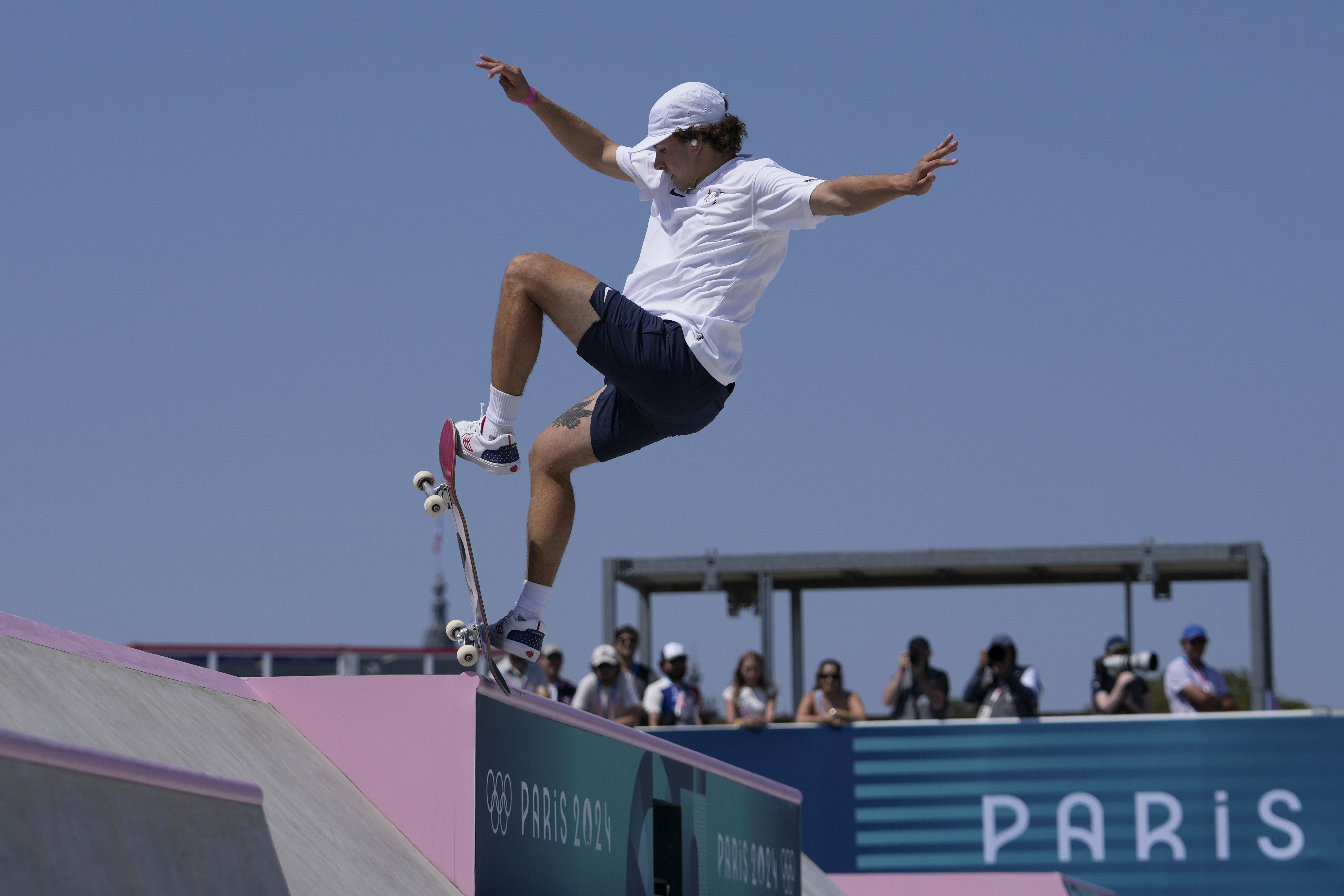Jagger Eaton, of the United States, competes in the men's skateboard street preliminaries at the 2024 Summer Olympics, Monday, July 29, 2024, in Paris, France. 