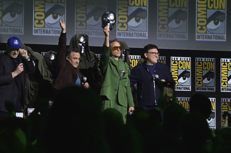 Kevin Feige, Joe Russo, Robert Downey Jr. and Anthony Russo attend a panel for "Marvel Studios" during Comic-Con International on Saturday in San Diego. 