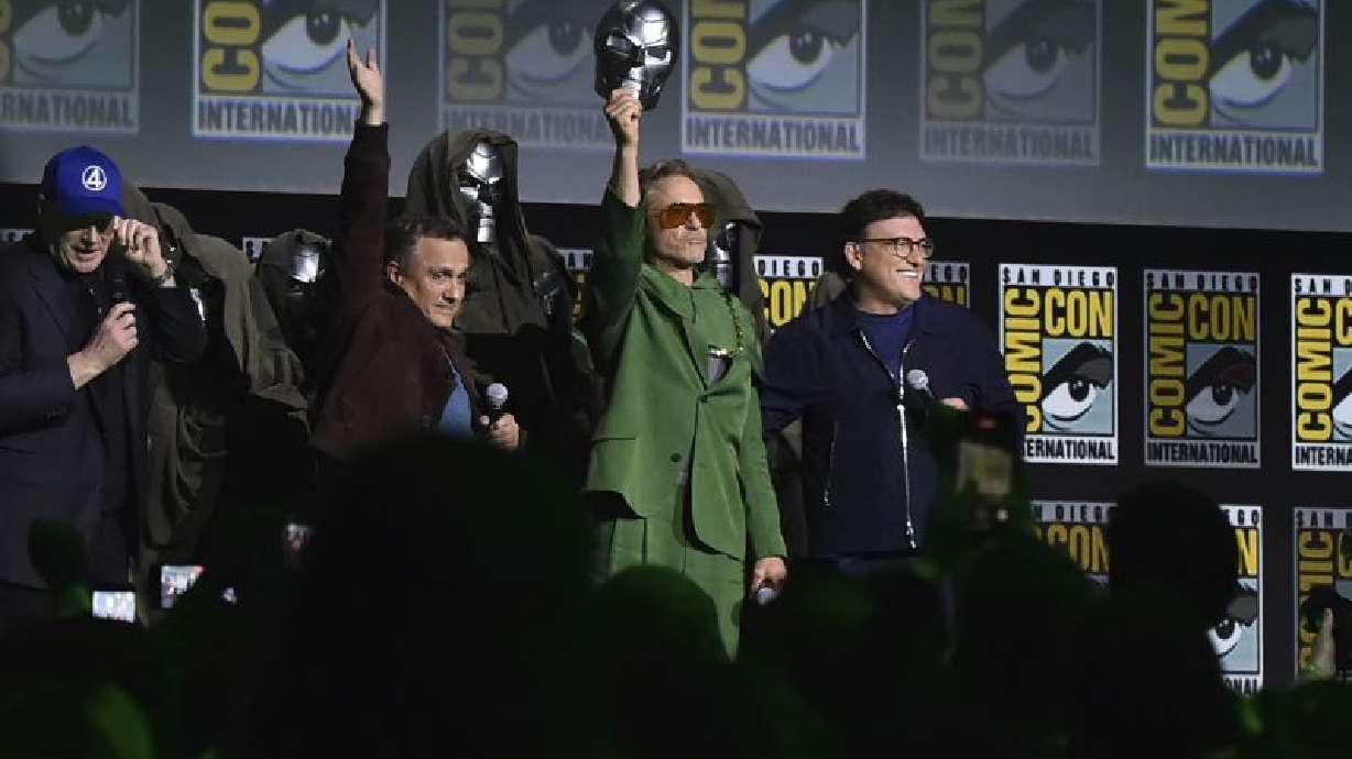 Kevin Feige, Joe Russo, Robert Downey Jr. and Anthony Russo attend a panel for "Marvel Studios" during Comic-Con International on Saturday in San Diego.