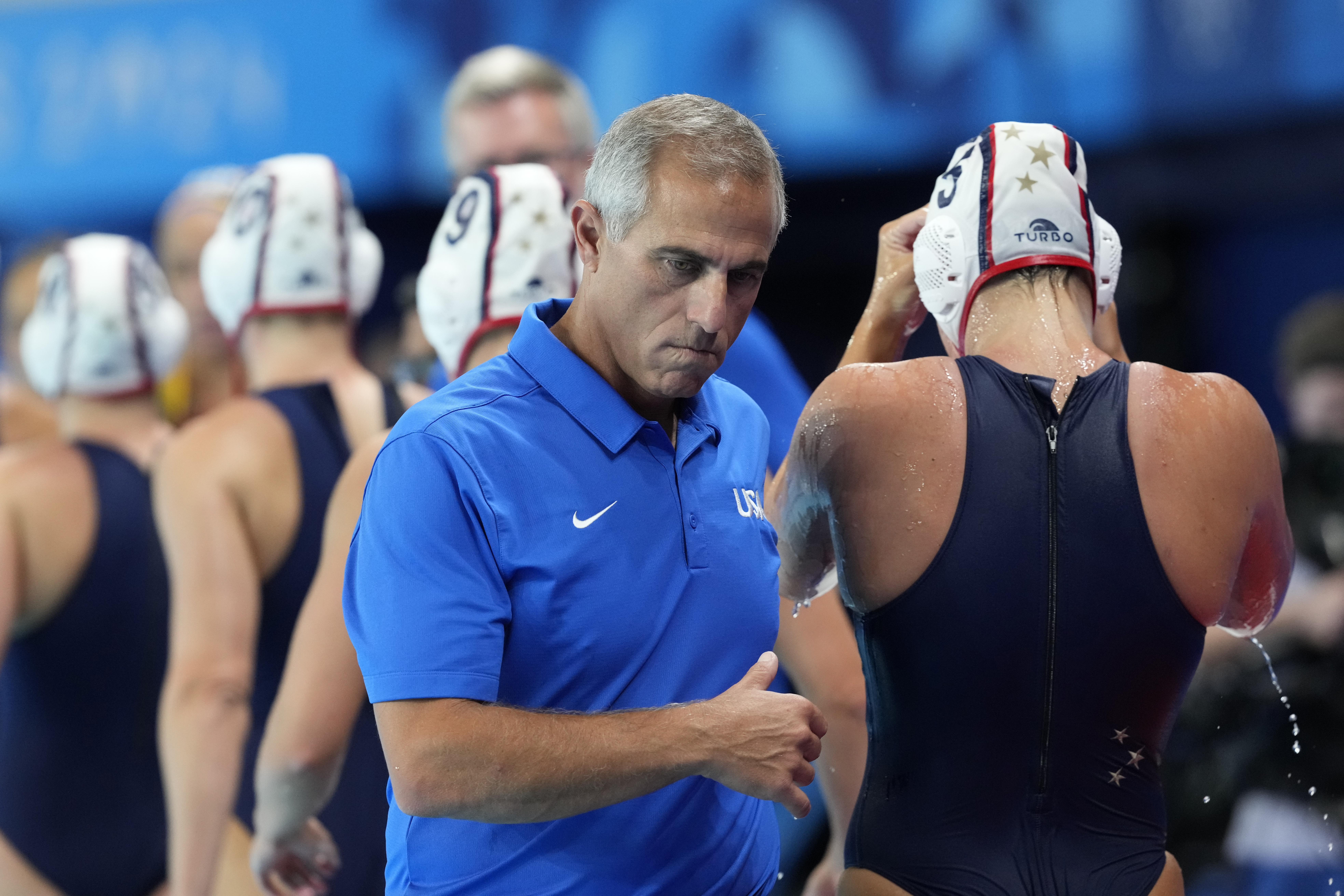 United States' head coach Adam Krikorian leaves after a women's water polo Group B preliminary match between USA and Spain at the 2024 Summer Olympics, Monday, July 29, 2024, in Saint-Denis, France. 
