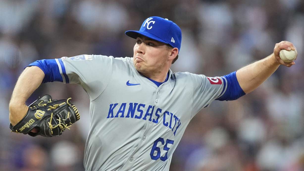 Kansas City Royals relief pitcher Walter Pennington works against the Colorado Rockies in the eighth inning of a baseball game Friday, July 5, 2024, in Denver.