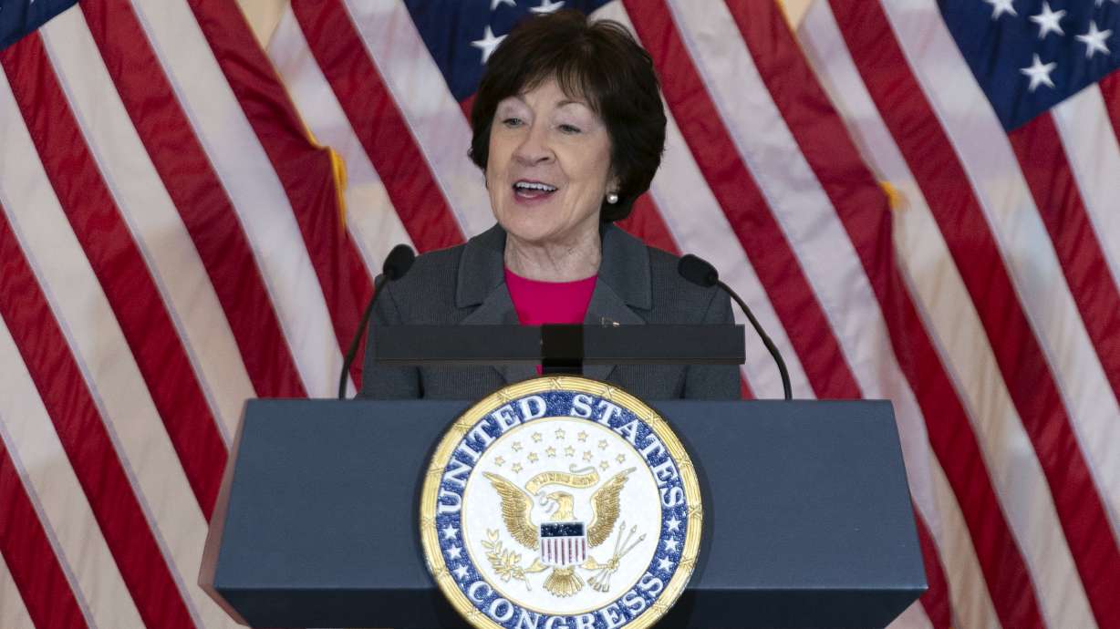Sen. Susan Collins, R-Maine, speaks April 10 on Capitol Hill in Washington. Congress has passed a proposal to require the federal government to only purchase American flags completely manufactured in the U.S.