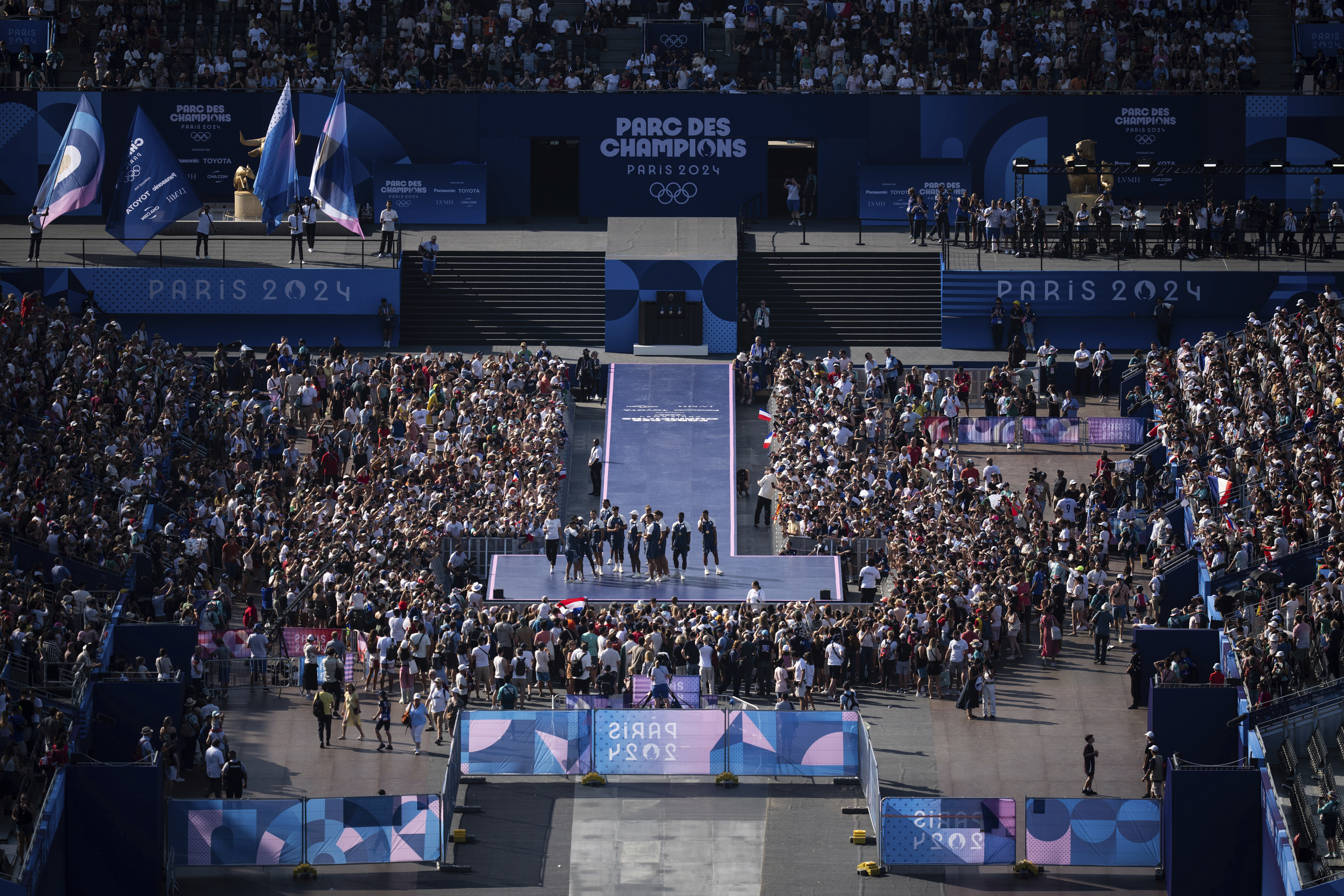 The Champions Park is seen from the Eiffel Tower at the 2024 Summer Olympics, Monday, July 29, 2024, in Paris, France. 