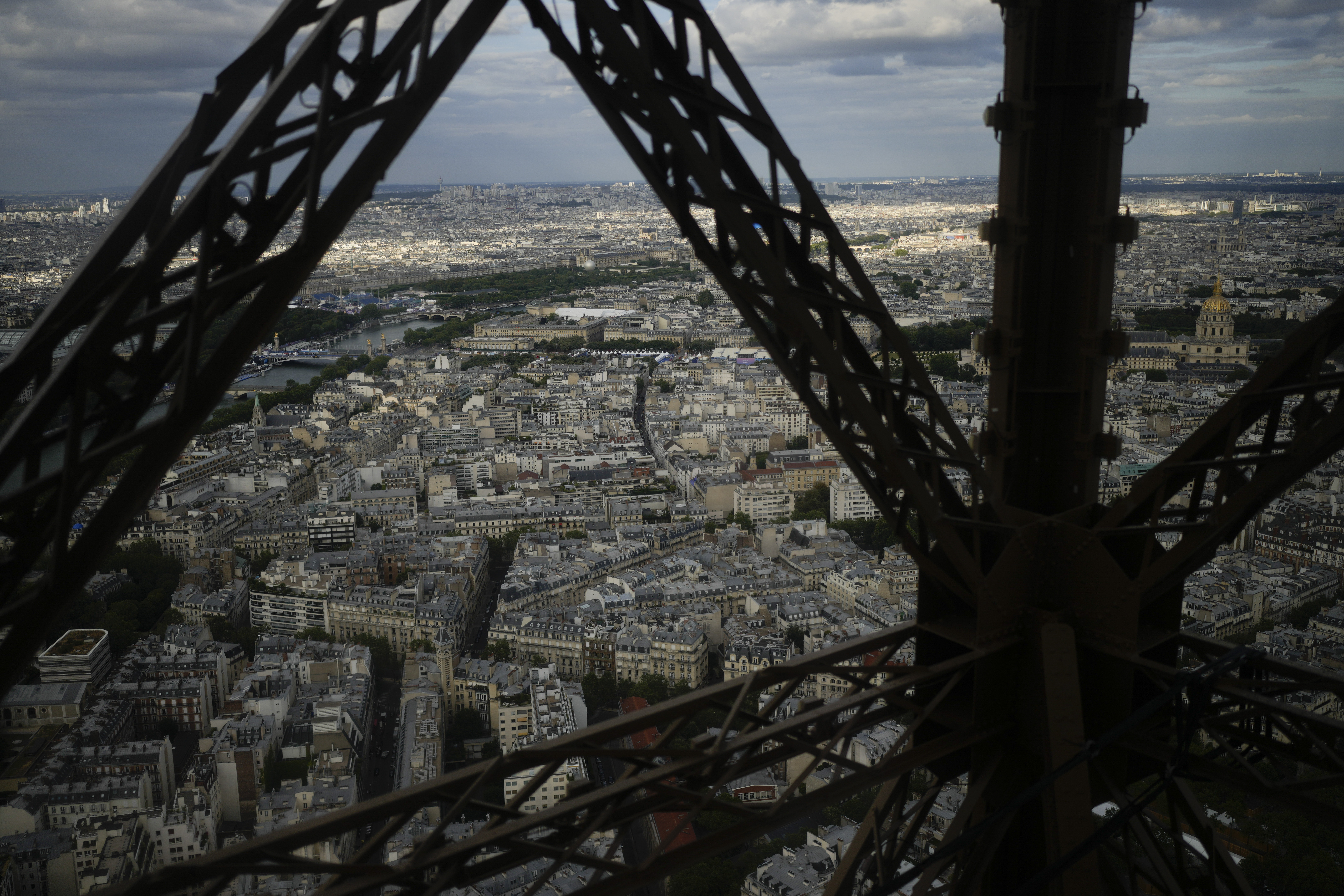 This photo shows a view from the Eiffel Tower ahead of the 2024 Summer Olympics, Monday, July 22, 2024, in Paris, France. 