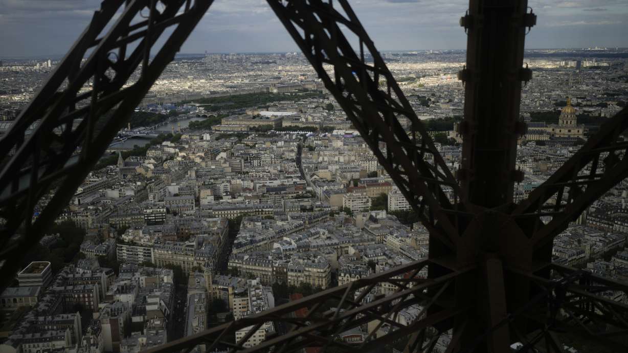 This photo shows a view from the Eiffel Tower ahead of the 2024 Summer Olympics, Monday, July 22, 2024, in Paris, France.