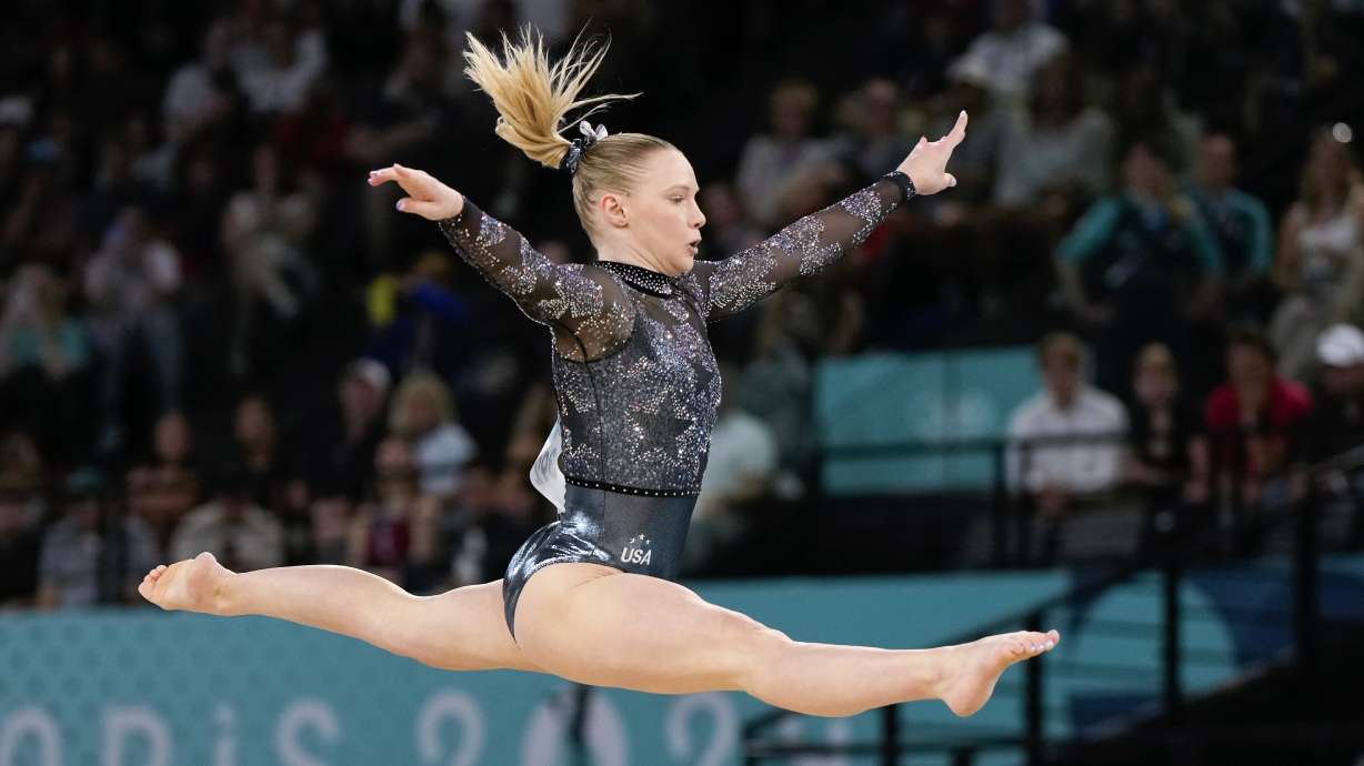 Jade Carey, of United States, competes on the floor exercise during a women's artistic gymnastics qualification round at the 2024 Summer Olympics, Sunday, July 28, 2024, in Paris, France.