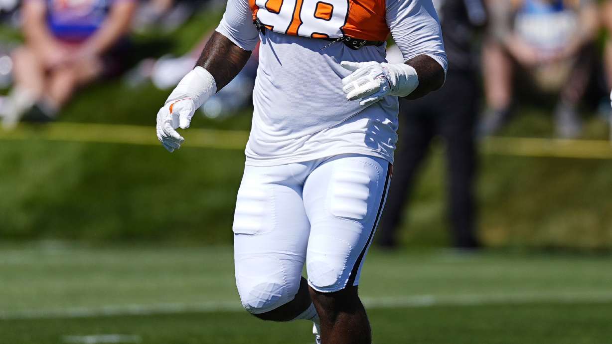 Denver Broncos defensive end John Franklin-Myers takes part in drills during NFL football training camp, Monday, July 29, 2024, at the team's headquarters in Centennial, Colo.