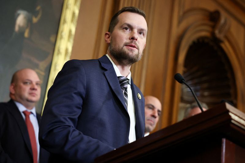 Rep. Jared Golden speaks during a press conference on proposed legislation dealing with budgetary reform, as the deadline to avoid partial government shutdown nears at the Capitol in Washington, Jan. 18.
