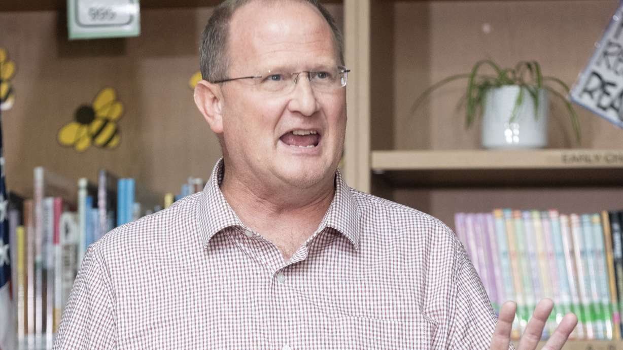 Board of Education member Bryce Dunford speaks during Jordan School District’s press conference Monday announcing the district is now one of the lead plaintiffs in a federal multidistrict lawsuit against multiple social media companies accusing them of negligence and public nuisance.