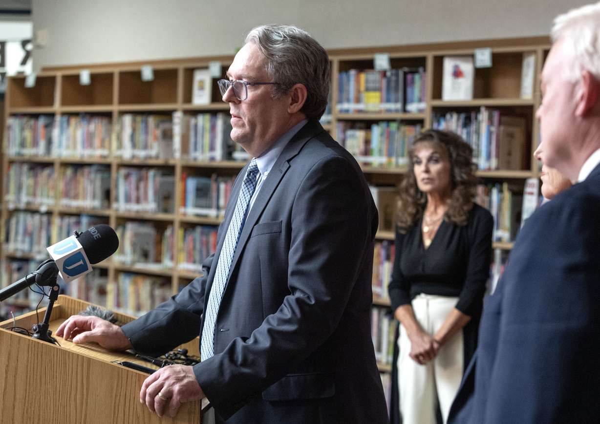 Board of Education legal counsel Paul Van Komen talks to media during Jordan School District’s press conference announcing that the district has been selected as one of the lead plaintiffs in a federal multidistrict lawsuit against multiple social media companies accusing them of negligence and public nuisance, in the library of Columbia Elementary School in West Jordan on Monday.