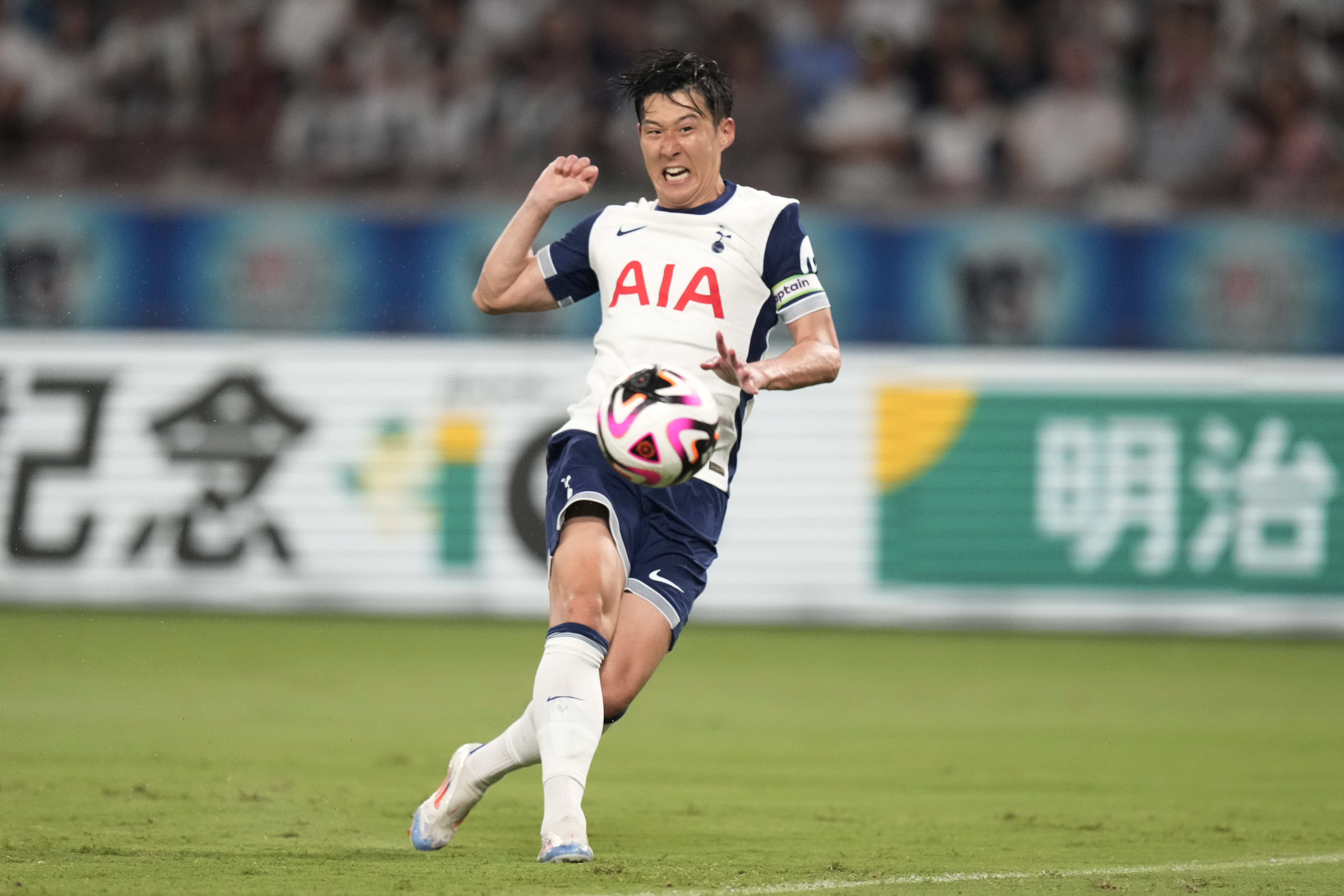 Tottenham's Son Heung-min makes a goal during the second half of a friendly soccer match against Vissel Kobe in Tokyo, Saturday, July 27, 2024.