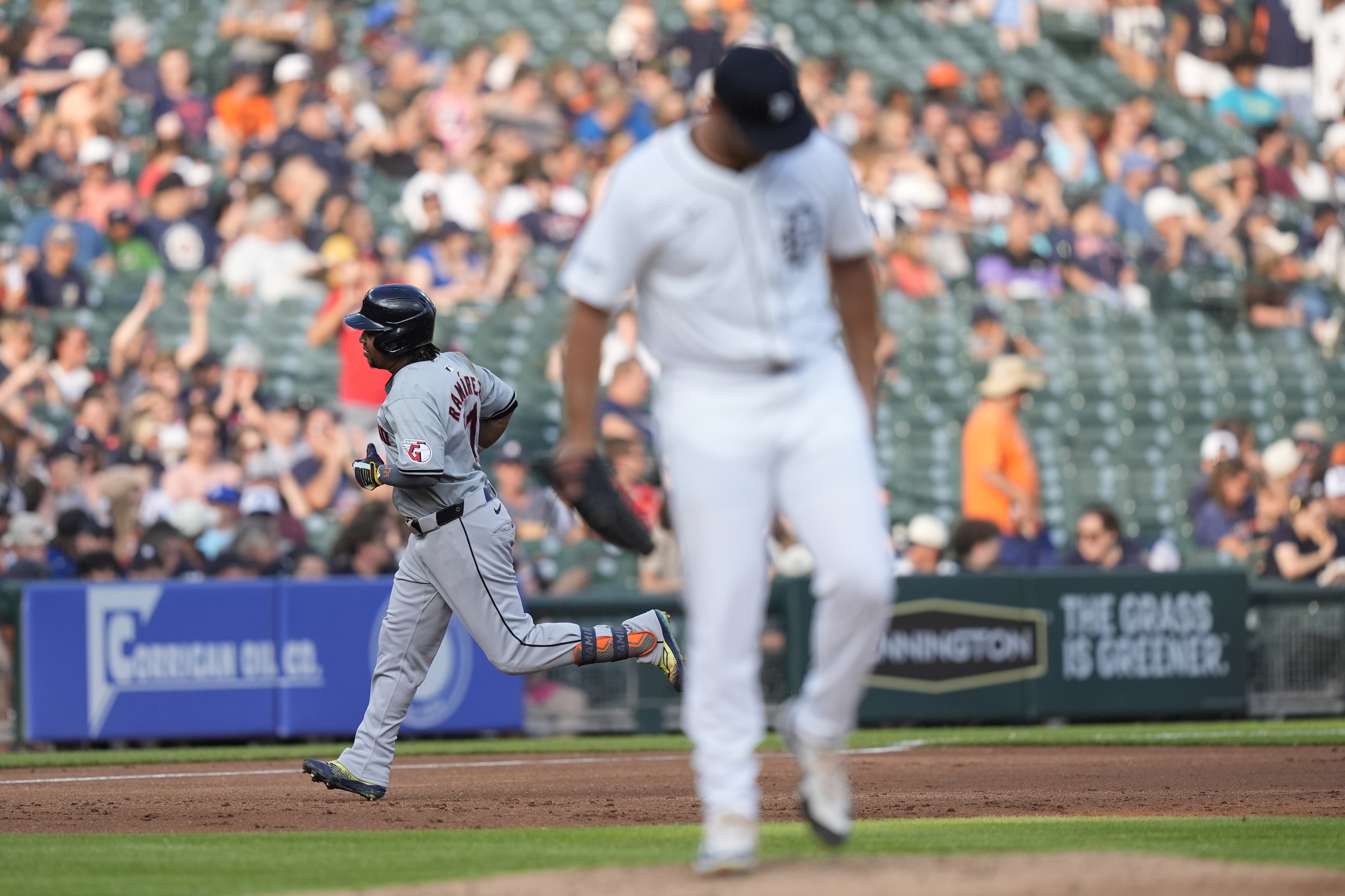 Cleveland Guardians' Jose Ramírez rounds the bases after a solo home run off Detroit Tigers pitcher Bryan Sammons during the third inning of a baseball game, Monday, July 29, 2024, in Detroit. 