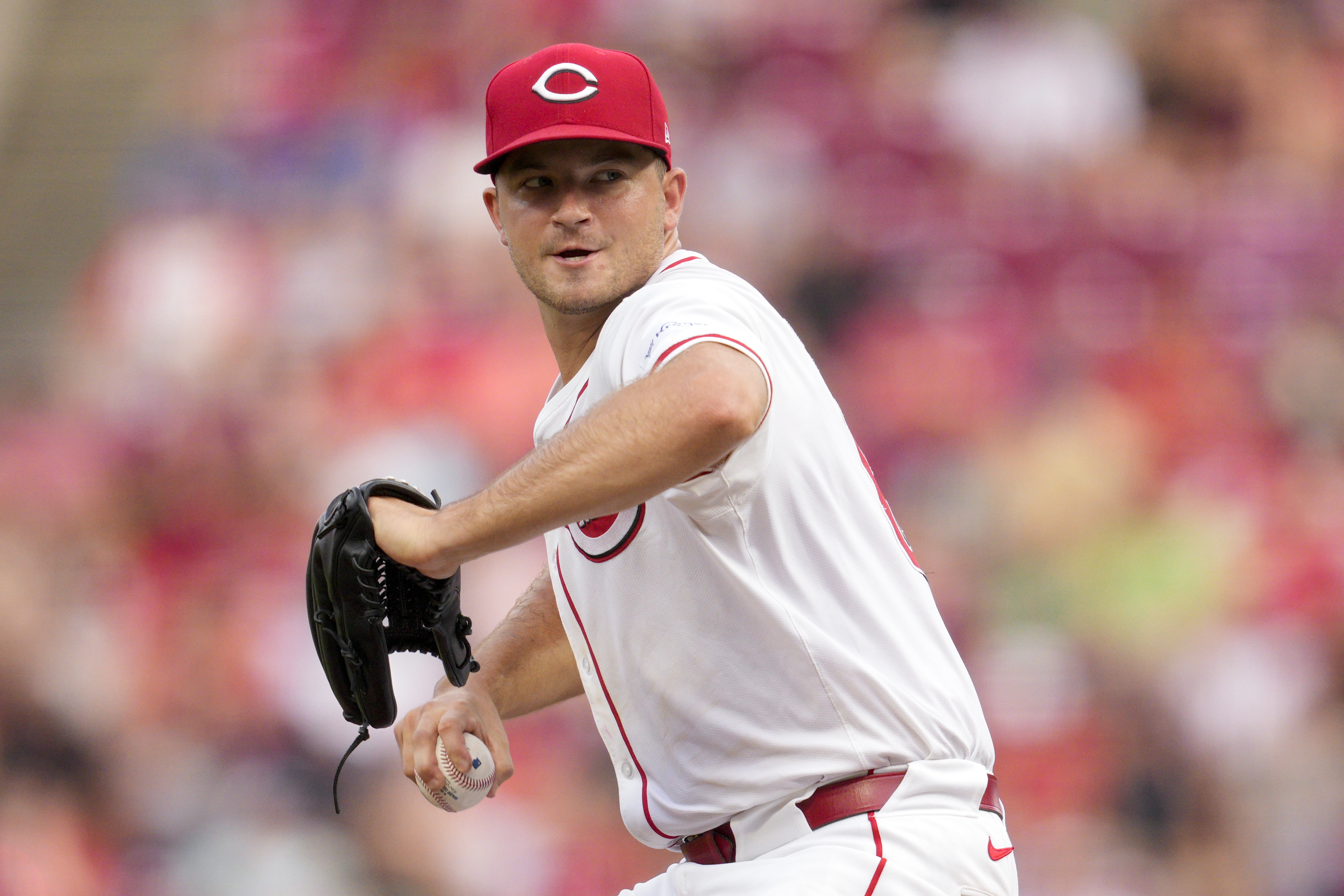 Cincinnati Reds pitcher Carson Spiers looks to throw during the second inning of a baseball game against the Chicago Cubs, Monday, July 29, 2024, in Cincinnati. 