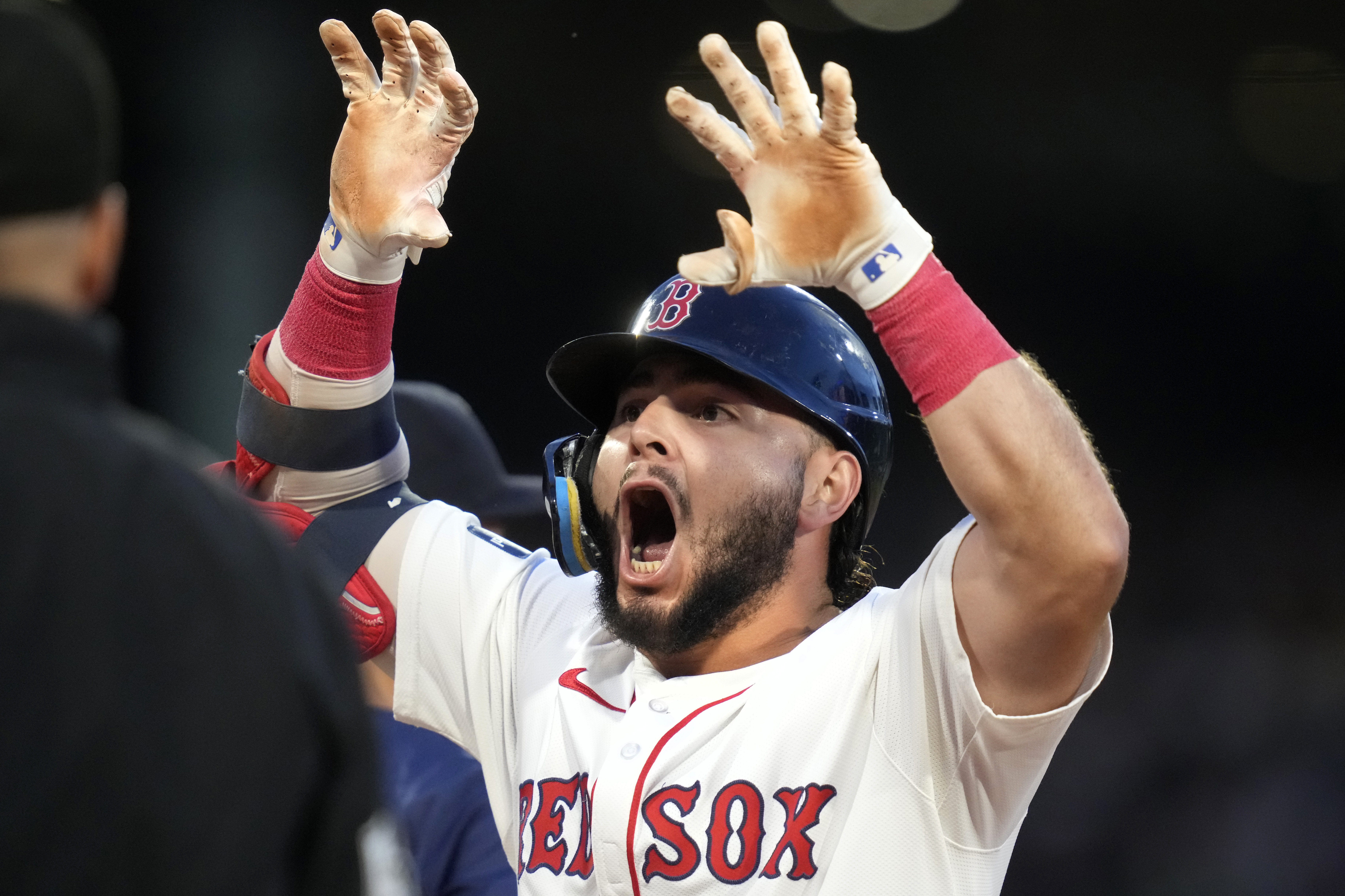 Boston Red Sox's Wilyer Abreu reacts after his RBI single during the third inning of a baseball game against the Seattle Mariners, Monday, July 29, 2024, in Boston. 