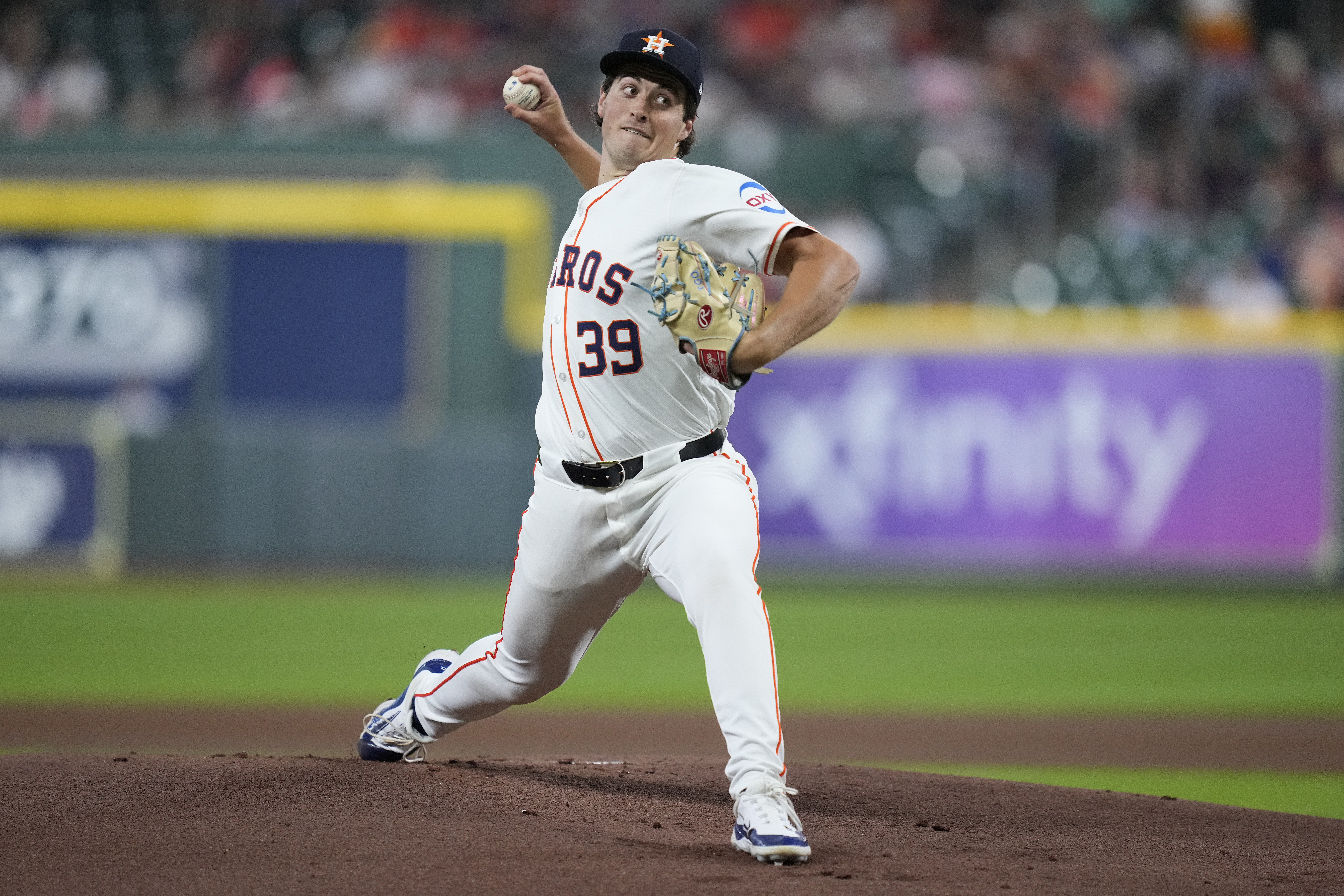 Houston Astros starting pitcher Jake Bloss delivers during the first inning of a baseball game against the Miami Marlins, Thursday, July 11, 2024, in Houston.