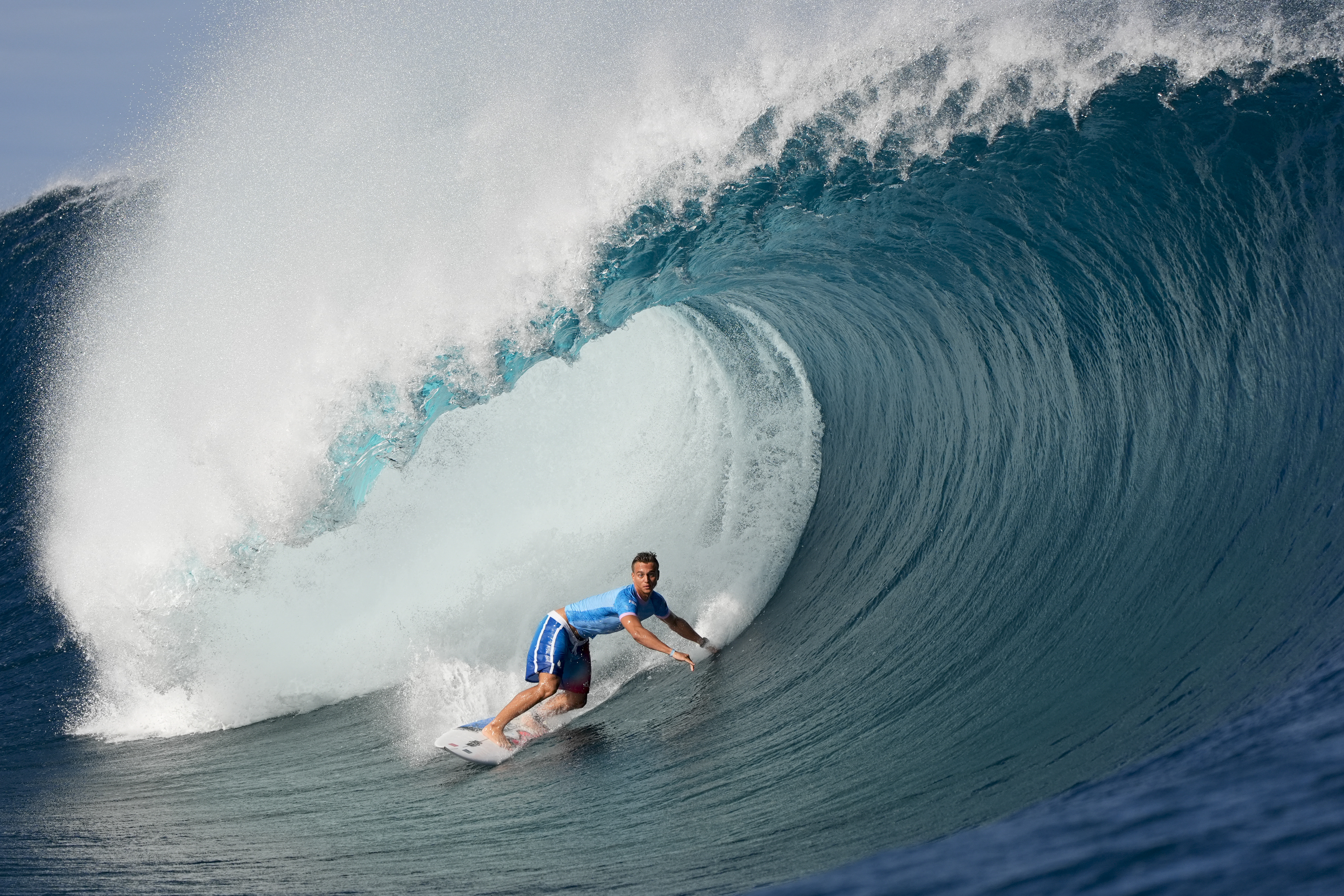 Kauli Vaast, of France, surfs during the third round of surfing competition at the 2024 Summer Olympics, Monday, July 29, 2024, in Teahupo'o, Tahiti. 