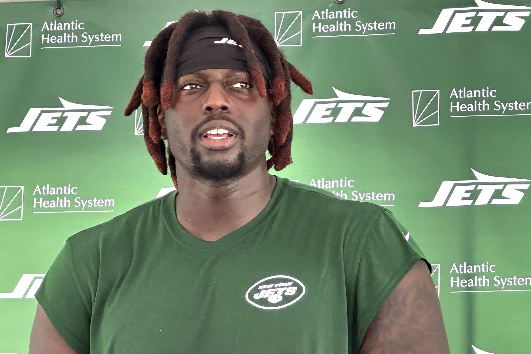 New York Jets defensive lineman Javon Kinlaw speaks to reporters after practice at the NFL football team's facility, Monday, July 29, 2024, Florham Park, N.J. 